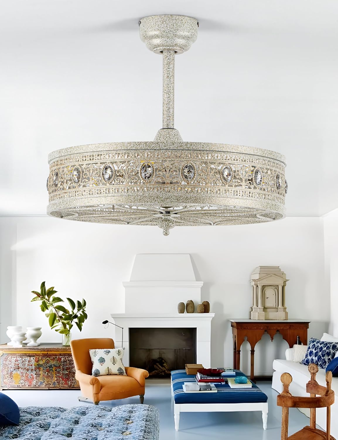 Art Deco Chandelier Ceiling Fan with Light,Antique Coastal Ornate Caged Bladeless Fandelier,Glam Statement Crystal Light Fixture,Hanging/Flush Mount for Bedroom,Dining Room,Living Room,Kitchen Island