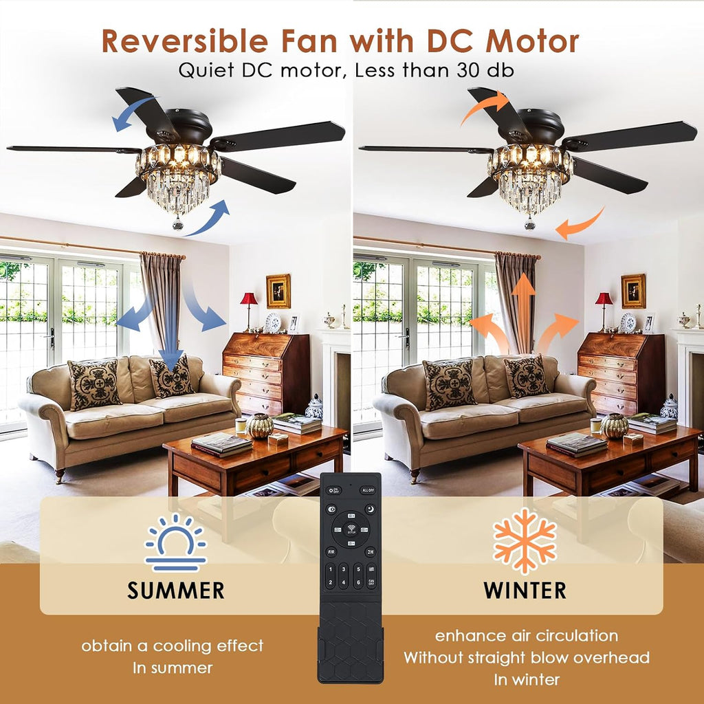 Asyko 52' Low Profile Crystal Ceiling Fan Fandelier with Lights and Remote Control- Retro/Farmhouse Ceiling Fans with Noiseless DC Motor, Flush Mount Ceiling Fan Light for Dining Room,Bedroom