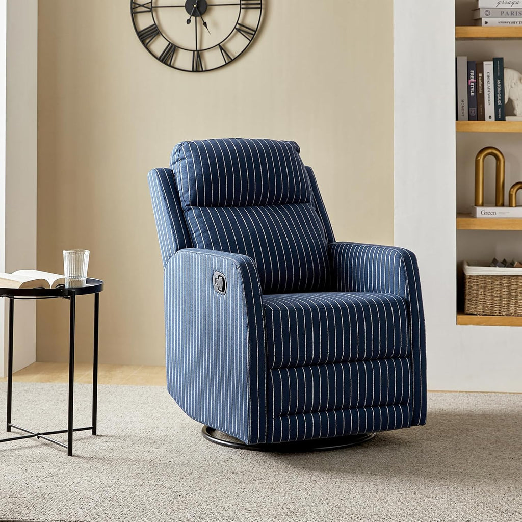 HULALA HOME Swivel Rocker Recliner Adjustable Home Theater Single Fabric Recliner Sofa Furniture, Living Room Rocking Recliner Chairs Nursery, Set of 2 Navy Striped Pattern