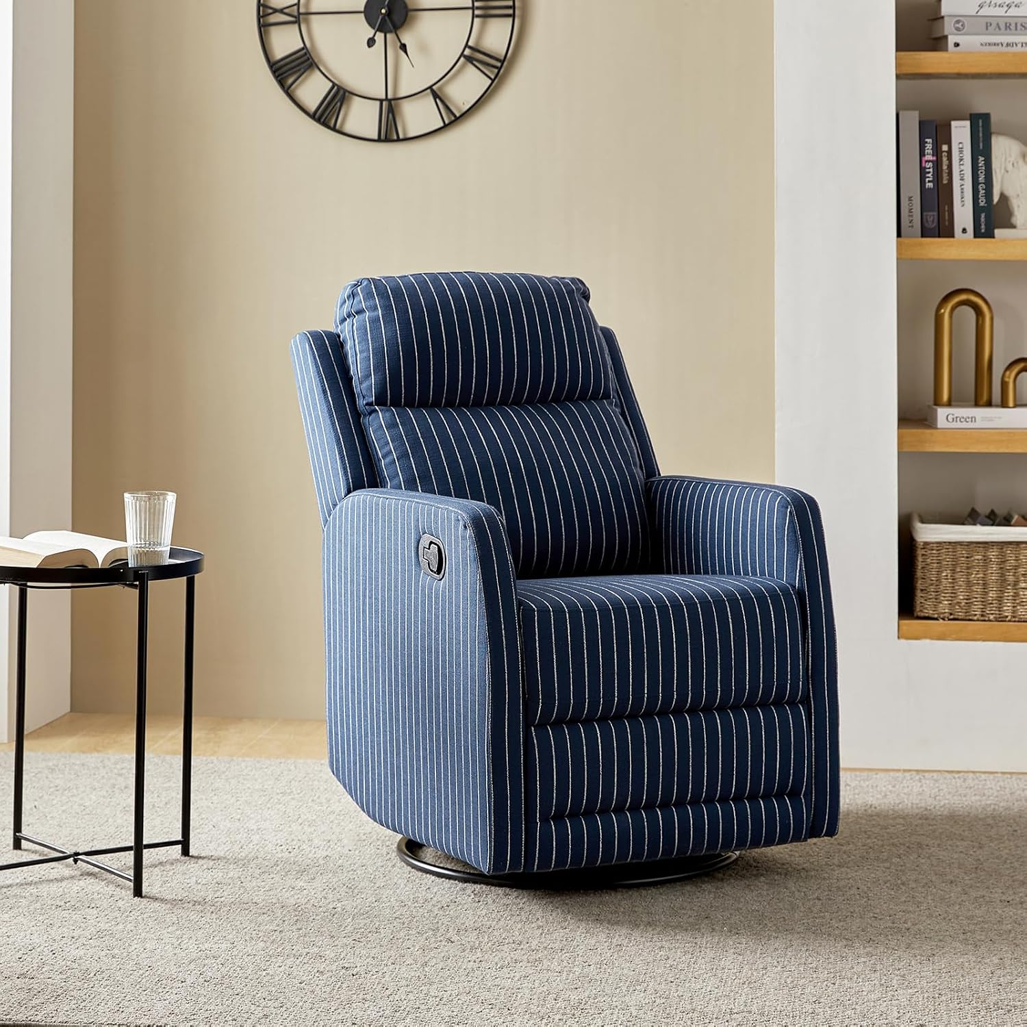 HULALA HOME Swivel Rocker Recliner Adjustable Home Theater Single Fabric Recliner Sofa Furniture, Living Room Rocking Recliner Chairs Nursery, Set of 2 Navy Striped Pattern