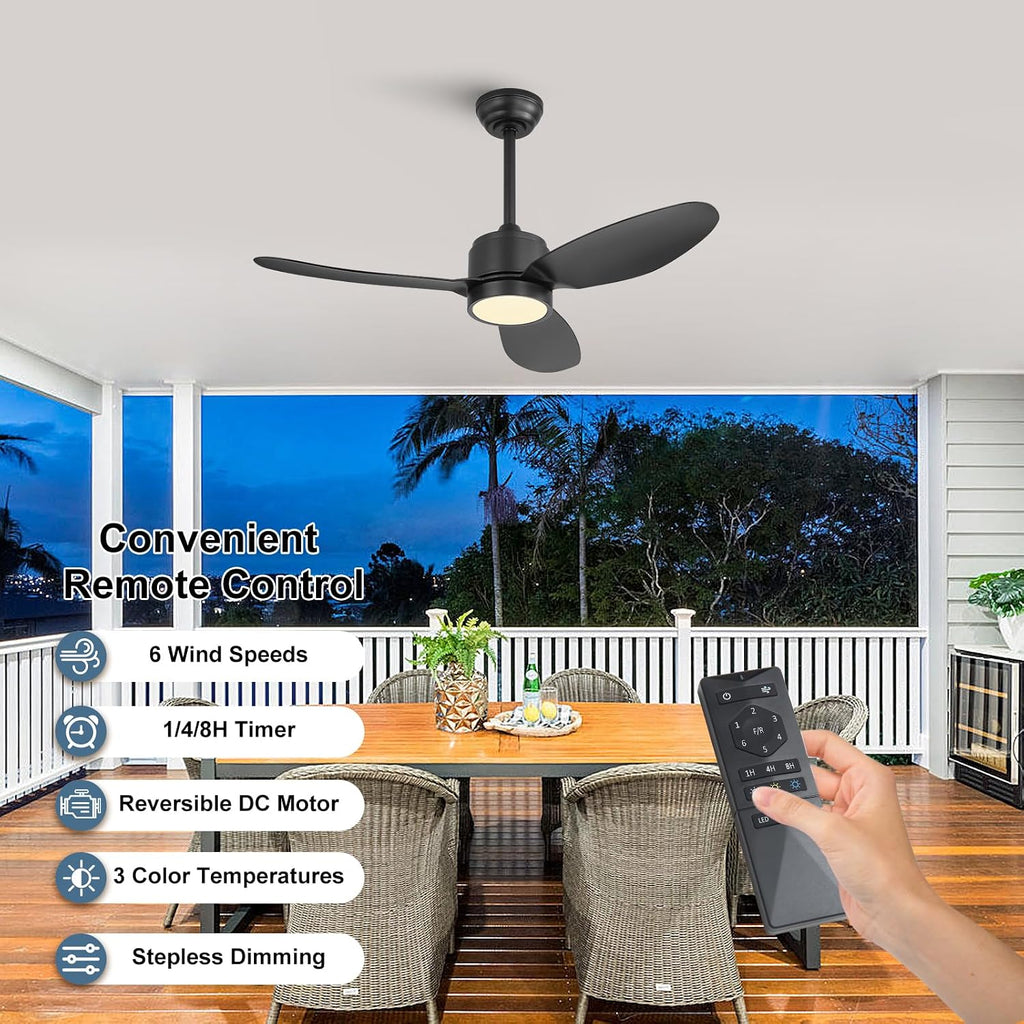 WINGBO 42' Outdoor Ceiling Fans with Lights, Wet Rated Waterproof Indoor Ceiling Fan with Remote, 3 ABS Blades Modern Ceiling Fan,3CCT Quiet 6-Speed DC Motor, for Porch Patios Bathroom, Black
