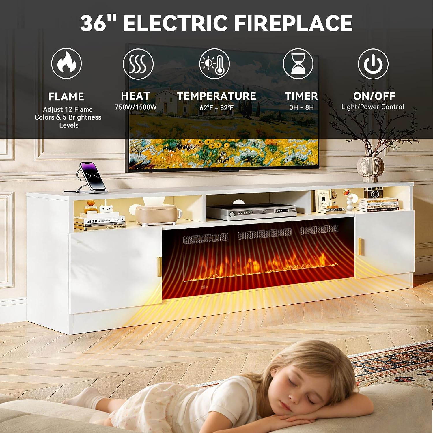 80' Fireplace TV Stand with Power Outlet, Electric Fireplace Entertainment Center with Storage Cabinets, Fits TVs up to 90', TV Console with LED Lights for Living Room, Office, White-Black