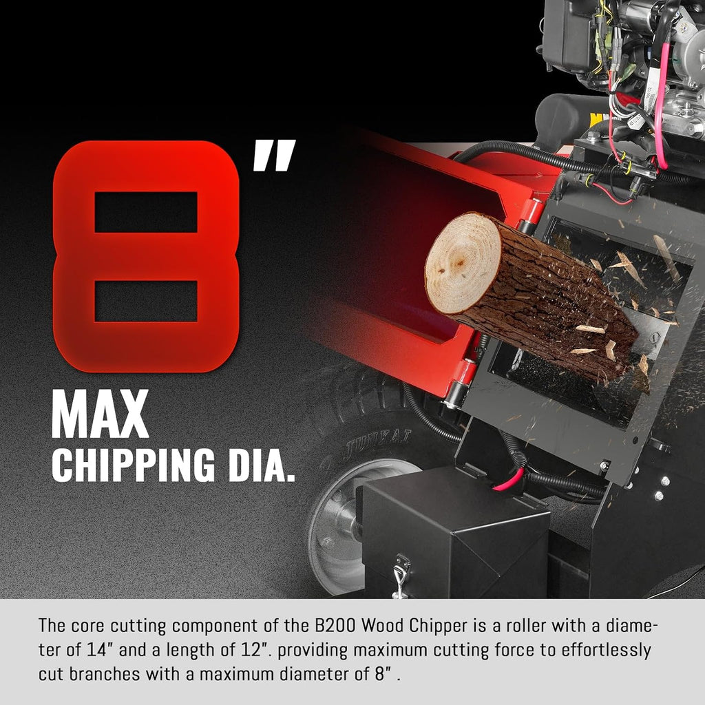 MechMaxx 8'' inch Honda 688cc 22HP Electric Start Gasoline Powered Engine 4-Wheels Towable Wood Chipper Shredder Mulcher with Towbar/Tail Light/Emergency Stop Switch, Model B200