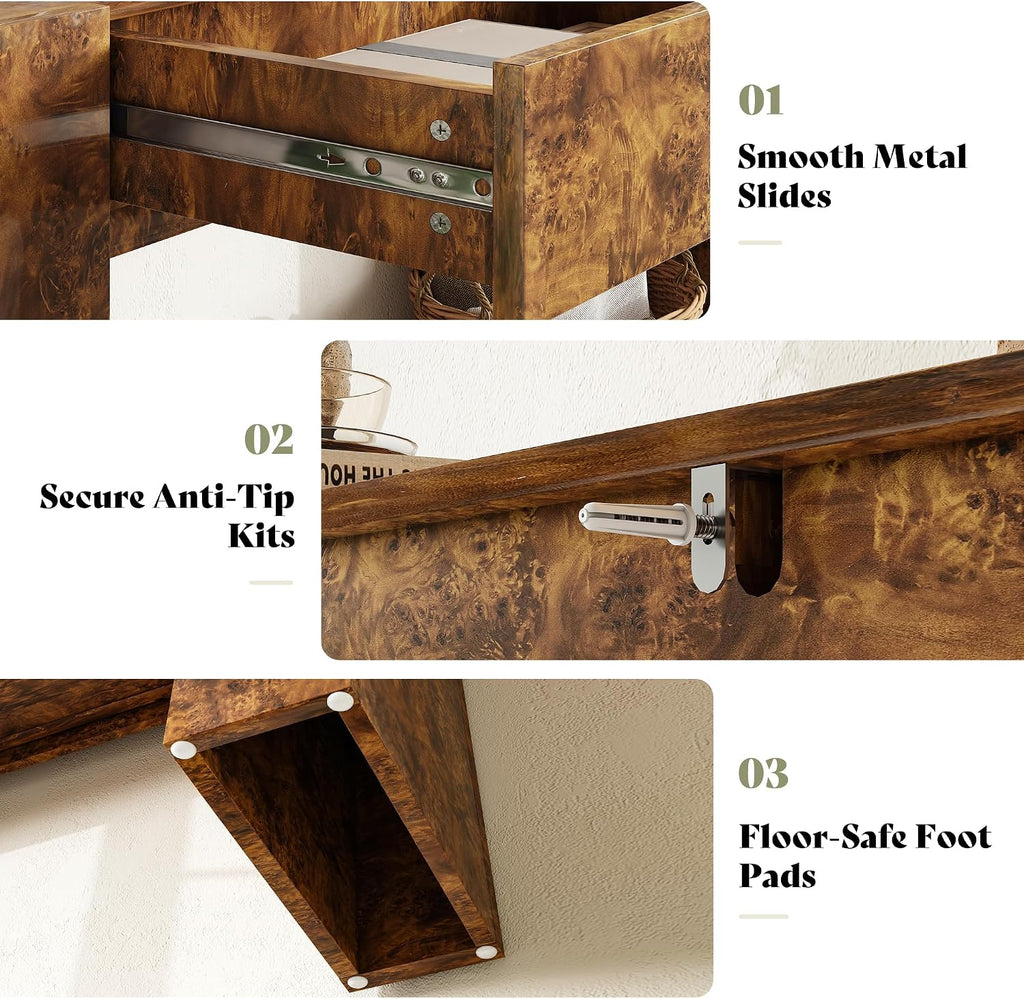 AMERLIFE 63' Burl Wood Console Table, Modern High Gloss Entryway Table with 2 Storage Drawers, Long Sofa Table Behind the Couch for Entrance, Hallway, Foyer, Living Room, Brown
