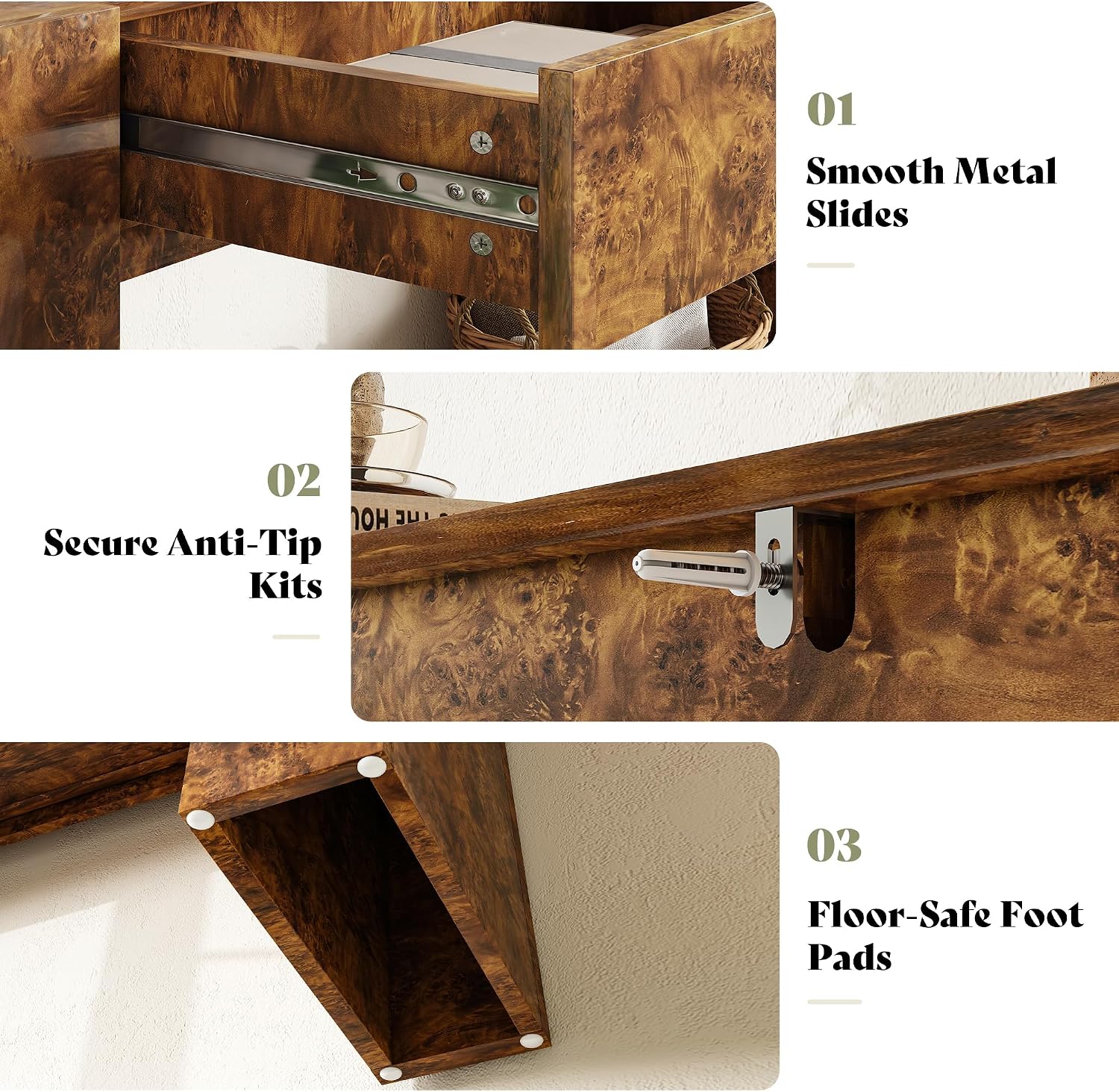 AMERLIFE 63' Burl Wood Console Table, Modern High Gloss Entryway Table with 2 Storage Drawers, Long Sofa Table Behind the Couch for Entrance, Hallway, Foyer, Living Room, Brown