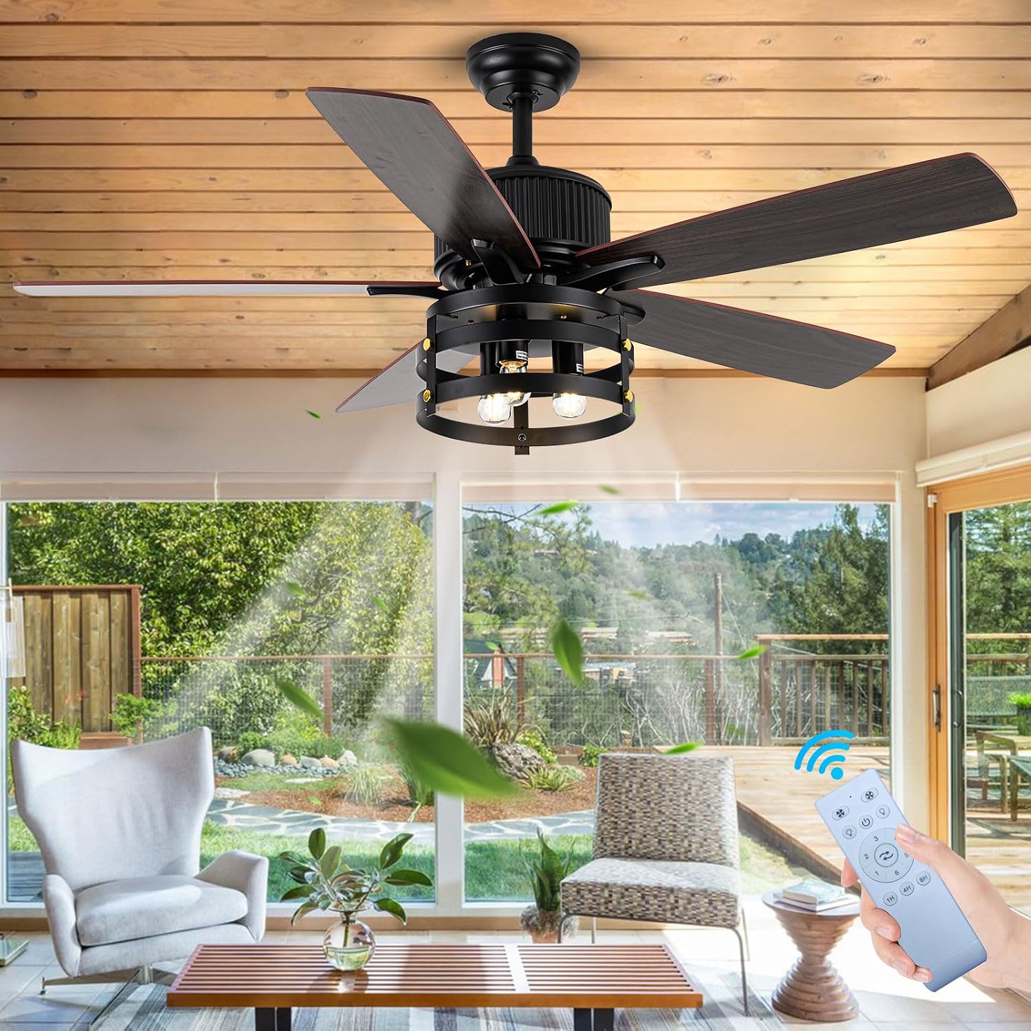 52 Inch Ceiling Fan with Light, Farmhouse Ceiling Fan with 5 Wood Dual Finish Blades,DC Motor Ceiling Fan High Airflow,Indoor Outdoor Ceiling Fans for Patios,Living Room(52Inch,Black)