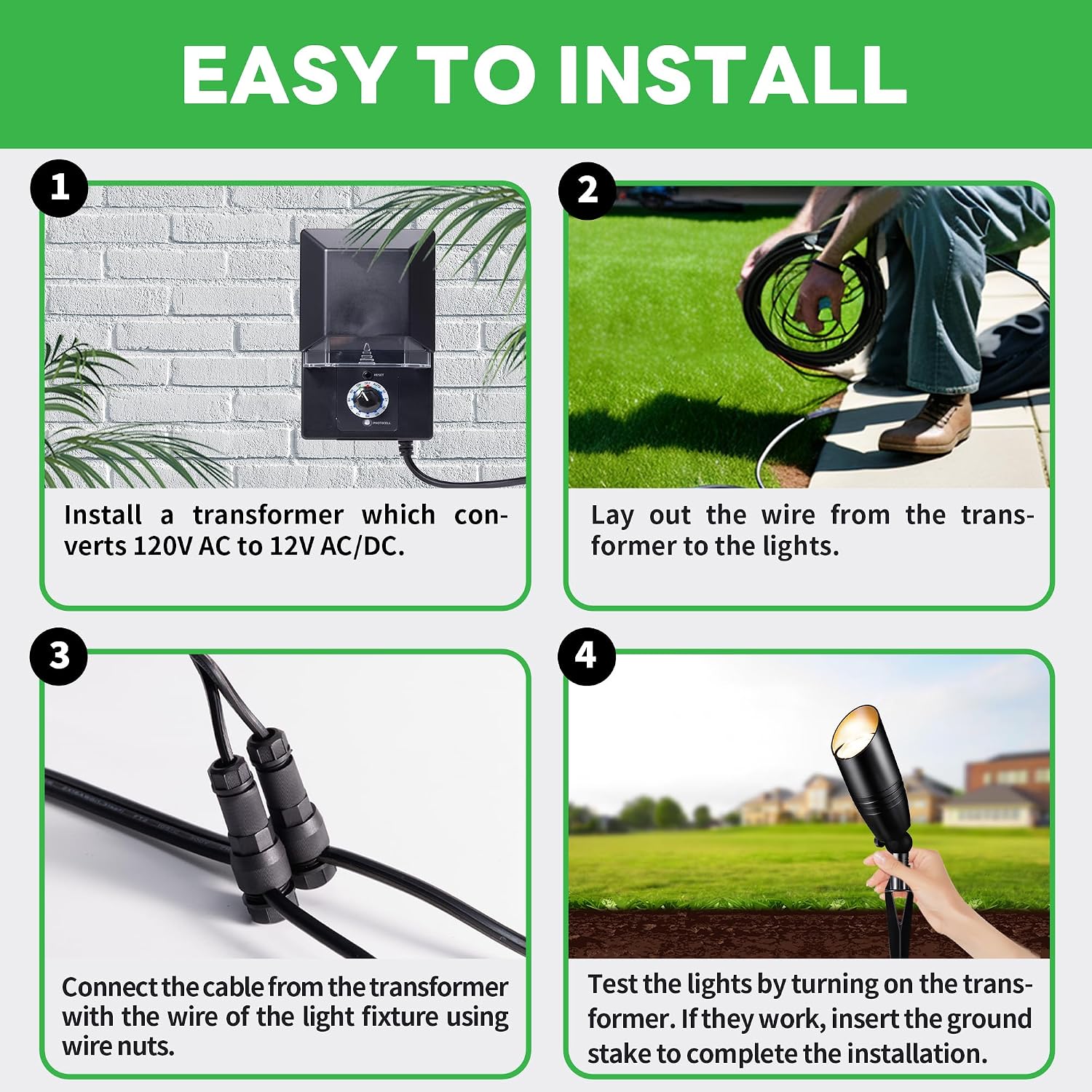 Black LED Outdoor Spotlights Kit, 6 Pack Low Voltage Landscape Lighting and 100W Transformer and 100FT Cable and 30 Wire Connectors, Aluminum Waterproof Uplights for House Garden Lawn