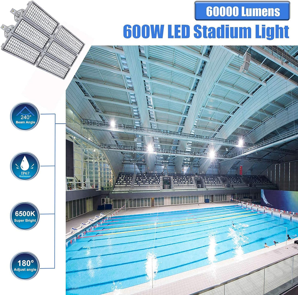 Kekeou 600W LED Flood Lights Outdoor 300W Stadium Light 2 Pack Arena Lights 600 Watt 84000LM 6500K Adjustable Lighting Angle Exterior Flood Light IP67 Waterproof for Playground