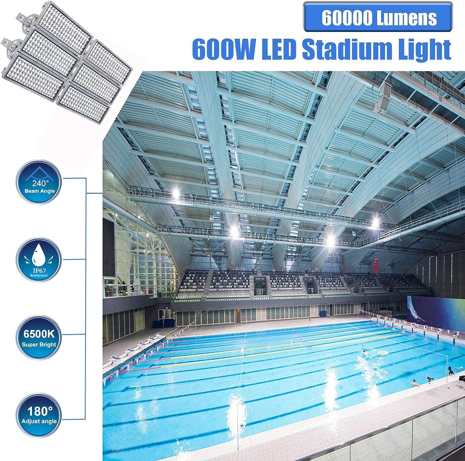 Kekeou 600W LED Flood Lights Outdoor 300W Stadium Light 2 Pack Arena Lights 600 Watt 84000LM 6500K Adjustable Lighting Angle Exterior Flood Light IP67 Waterproof for Playground