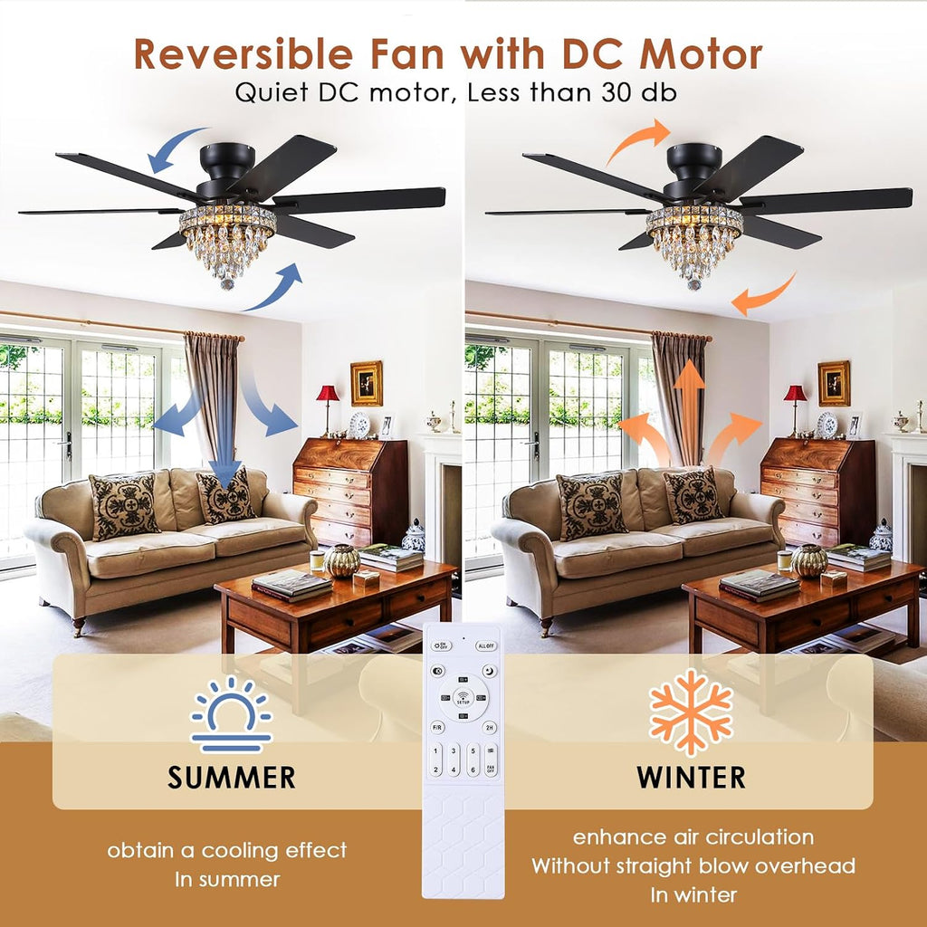 Asyko Chandelier Ceiling Fan -52' Crystal Ceiling Fan- Fandelier Fan Light Black with Remote, Silent Reversible Motor, Dual-Sided 6 Blades, 3 Speed, Timer, Indoor Fan Ceiling