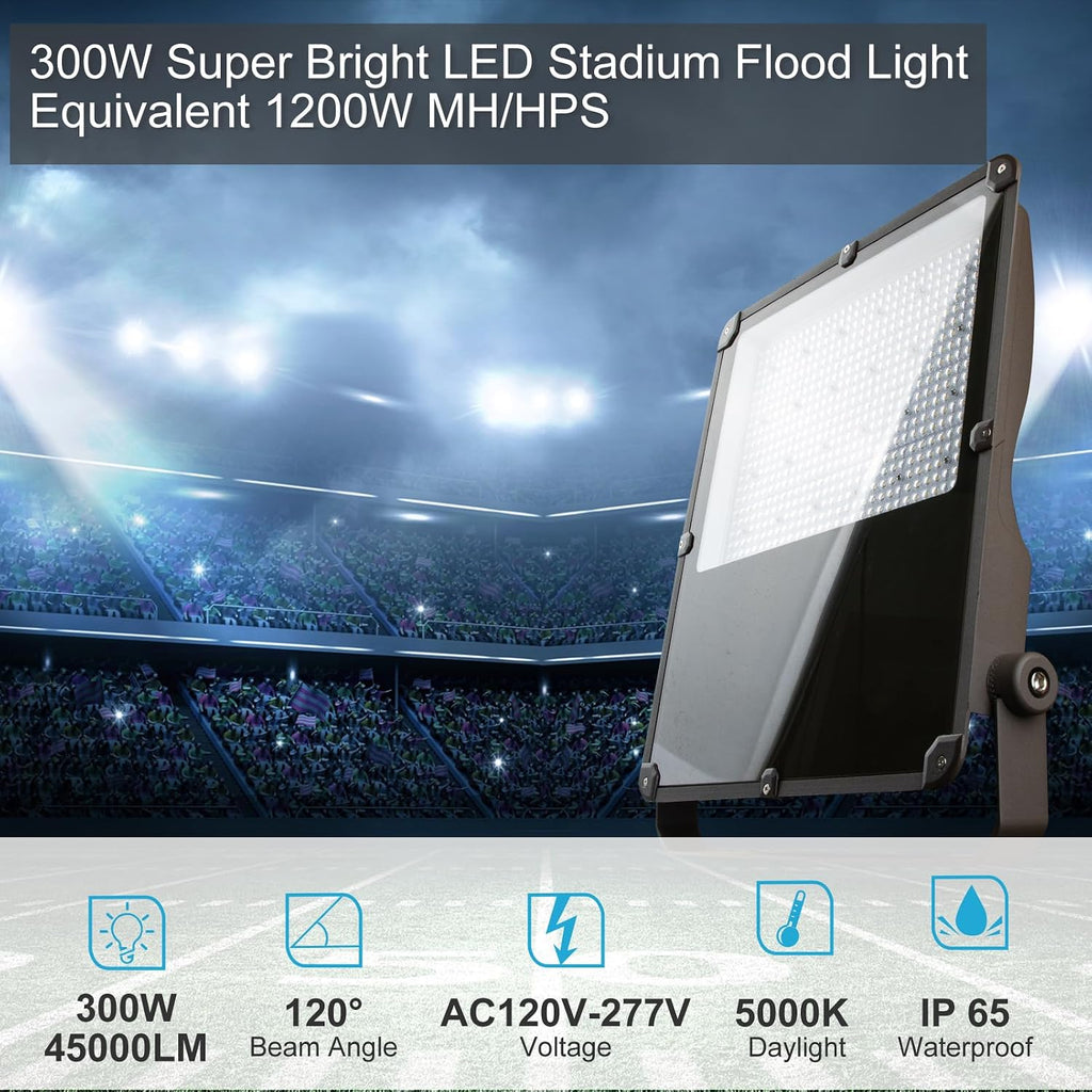 Lightdot 300W Outdoor Flood Lights AC100-277V LED Stadium Lights 45000Lm (1200W Eqv.) LED Flood Lights with Photocell, IP65 Waterproof Area Lighting for Backyard/Stadium-4Pack 5Yrs Warranty