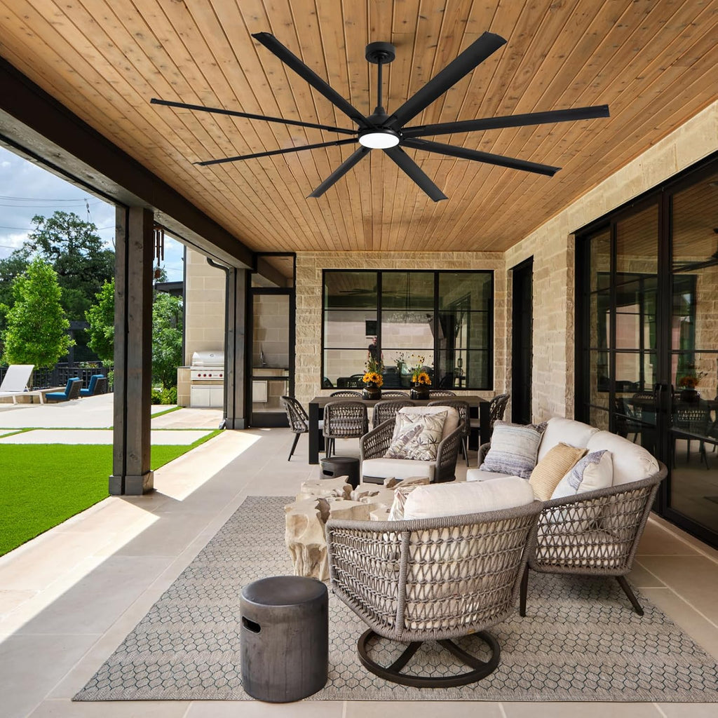 LuminFan 96 Inch Large Ceiling Fan with 8 Aluminum Blades, 6-Speed, 3-CCT, Turbo DC Motor, Remote Black Ceiling Fan for Living Room, Warehouse, Garage - Heavy-Duty Industrial Design