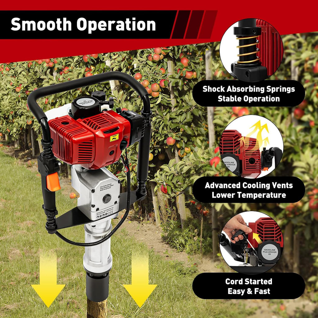 52CC 2 Stroke Gas Powered T-Post Driver, 1900W Gas Post Pounder Pile Driver, Single Cylinder Air Cooled Fence Post Driver Hammer with Hand Pull Start & 0.26 Gal Fuel Tank for Gardening Road Fencing