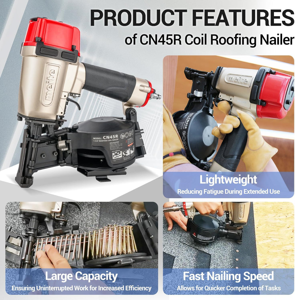 meite CN45R Roofing Nailer 15 Degree Coil Roofing Nail Gun, Pneumatic Nail Gun Accepts 7/8' to 1-3/4' Coil Roofing Nails, Roofing Nailer with 120 Nail Magazine for Asphalt Shingles Decking Sheathing