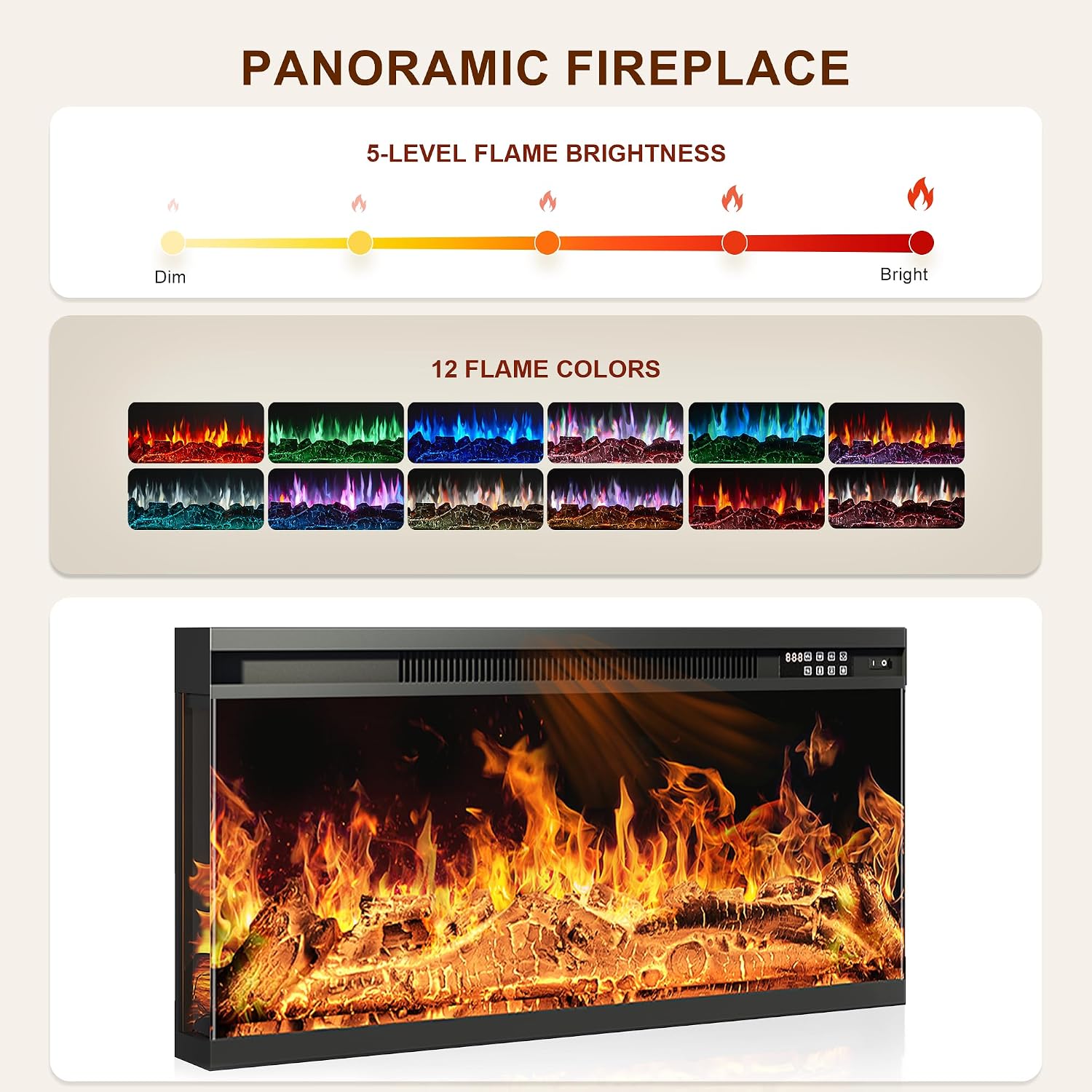 MXV 70' Fireplace TV Stand, 3-Sided Glass Fireplace and Modern Entertainment Center, Wooden Media Console with Glass Doors & Storage Drawers, LED Light, for Living Room, Antique White