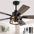 Rustic Ceiling Fan with Lights and Remote, Large Farmhouse Ceiling Fan Caged Fandelier Chandelier, Reversible Quiet DC Motor 6 Speeds for Living Room (Rustic Cage, 52 Inch)