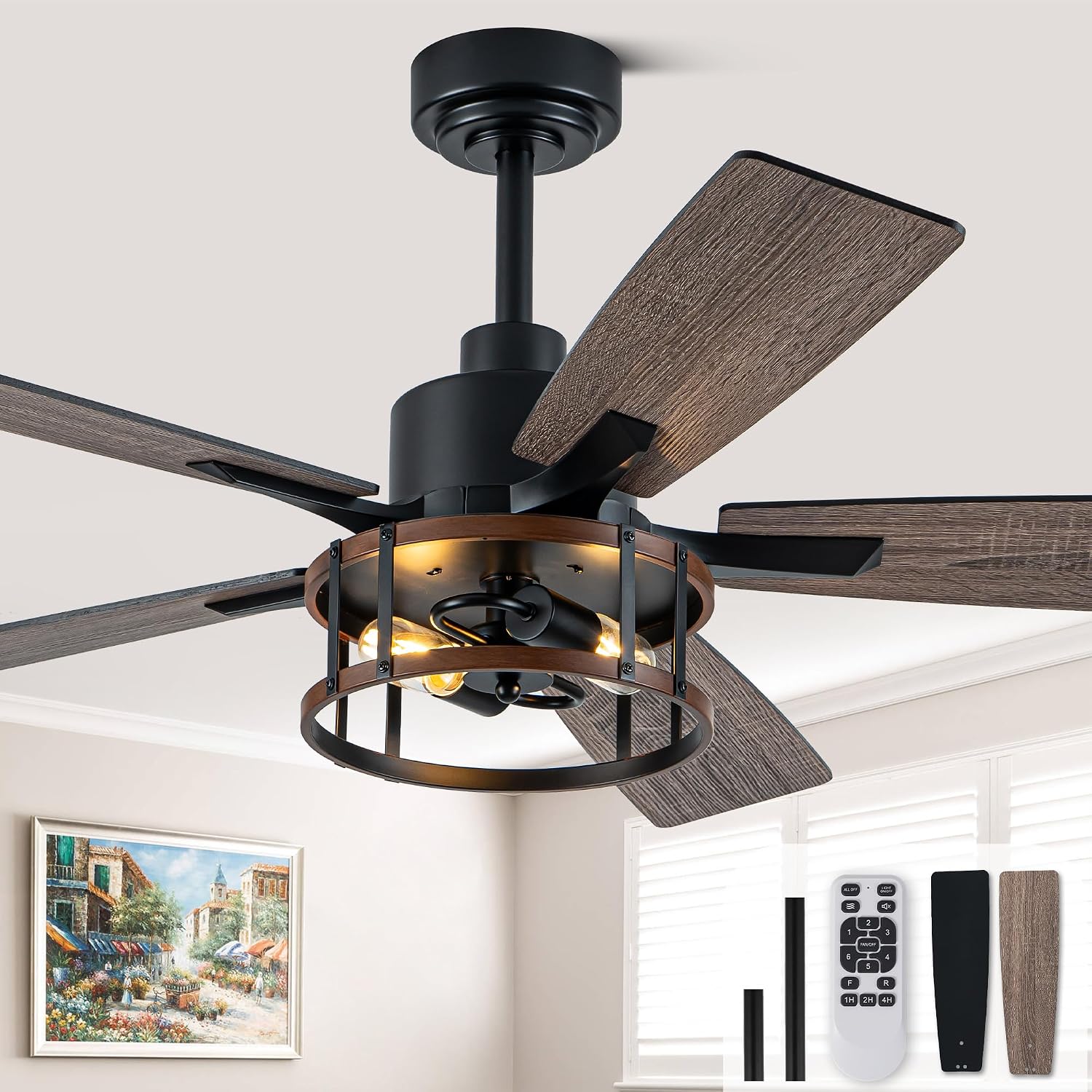 Rustic Ceiling Fan with Lights and Remote, Large Farmhouse Ceiling Fan Caged Fandelier Chandelier, Reversible Quiet DC Motor 6 Speeds for Living Room (Rustic Cage, 52 Inch)