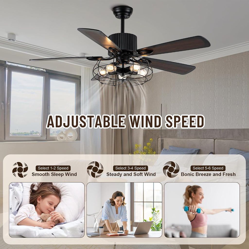 NA 52'' Retro Industrial Ceiling Fan with Iron Cage, Remote Control&Pull Chains, 5 Wood Reversible Blades, Vintage Pendant Light Fan for Bedroom/Living room/Dining room Black