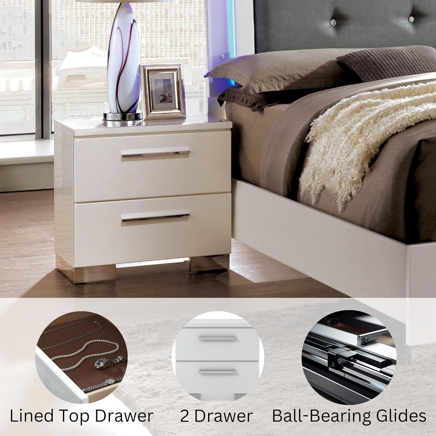 HOMES: Inside + Out Aria High Gloss Lacquer Finish 2-Drawer Nightstand, Glossy White