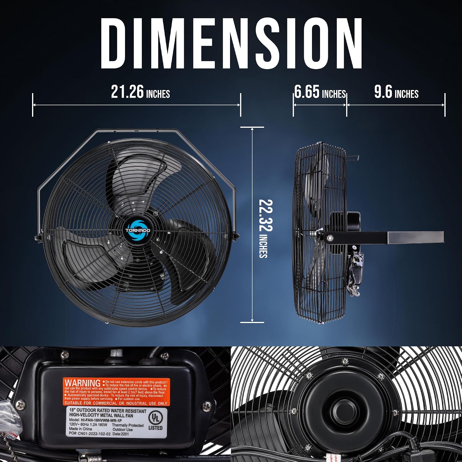 Tornado 18 Inch Outdoor Rated IPX4 Water-Resistant High Velocity Metal Industrial Wall Mounted Fan For Commercial, Industrial, Residential Use 3 Speed 4150 CFM 6.6 FT Cord UL Safety Listed