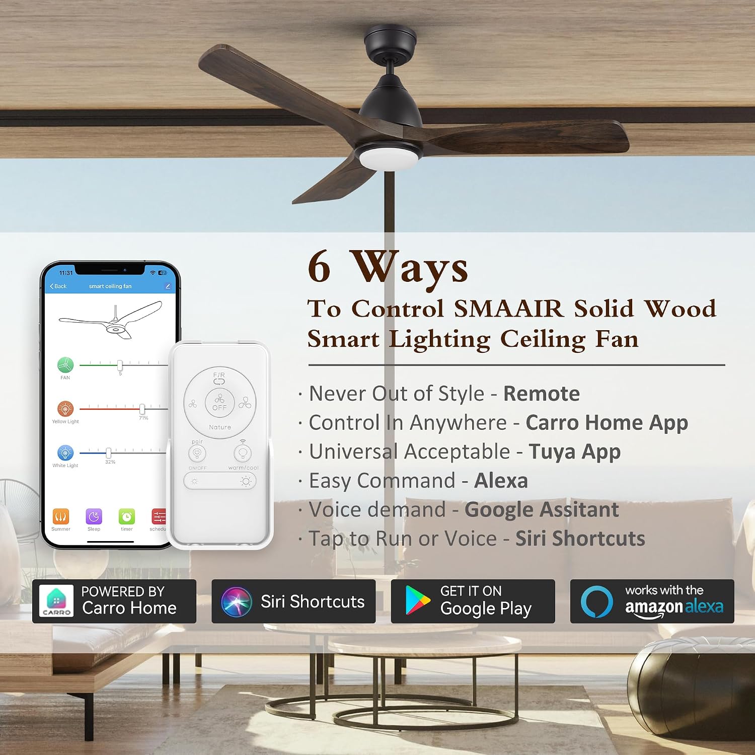 48' Smart Low Profile Ceiling Fans with Dimmable Lights Remote,Quiet BLDC Motor,Outdoor Indoor Downrod Mount Ceiling Fan,Control with WIFI Alexa App,3 Walnut Solid Wood Blades,for Modern Bedroom