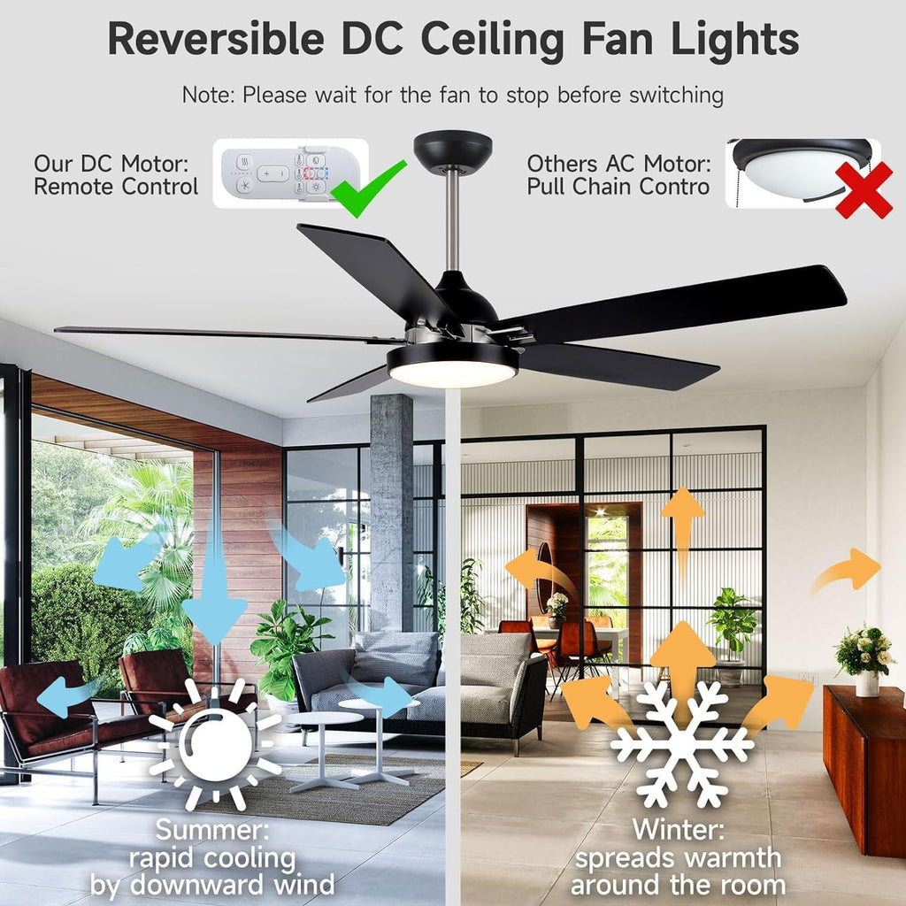 60 inch Outdoor Ceiling Fans for Patios with Light, Modern Black Ceiling Fan with Light and Remote, Quiet Reversible DC Motor, Damp Rated Large Airflow Ceiling Fan for Exterior House Porch Gazebo