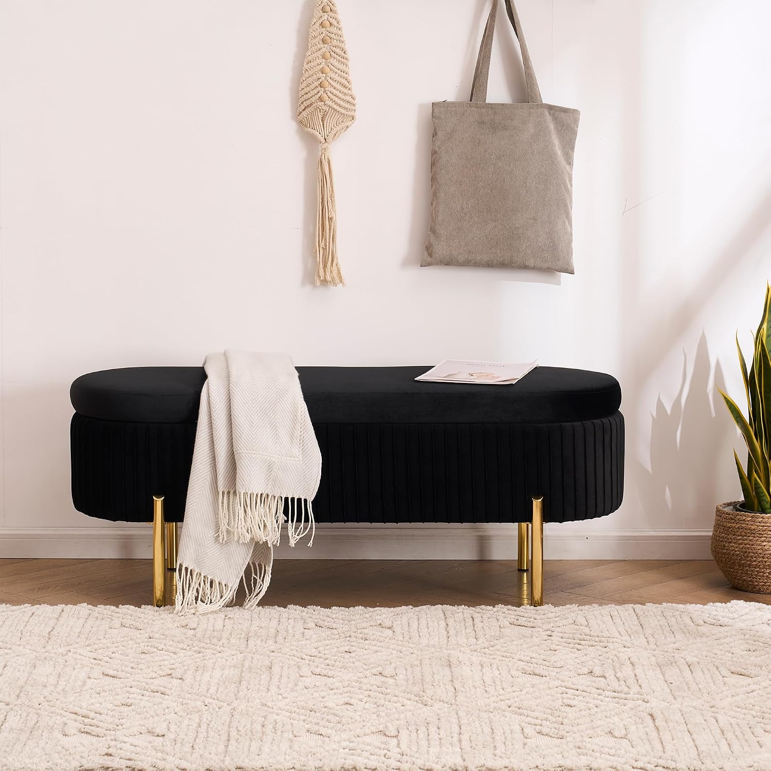 Velvet Storage Bench for Bedroom Upholstered End of Bed Bench Modern Ottoman with Gold Legs for Living Room/Window/Entryway (Black, Oval-45.5' W)