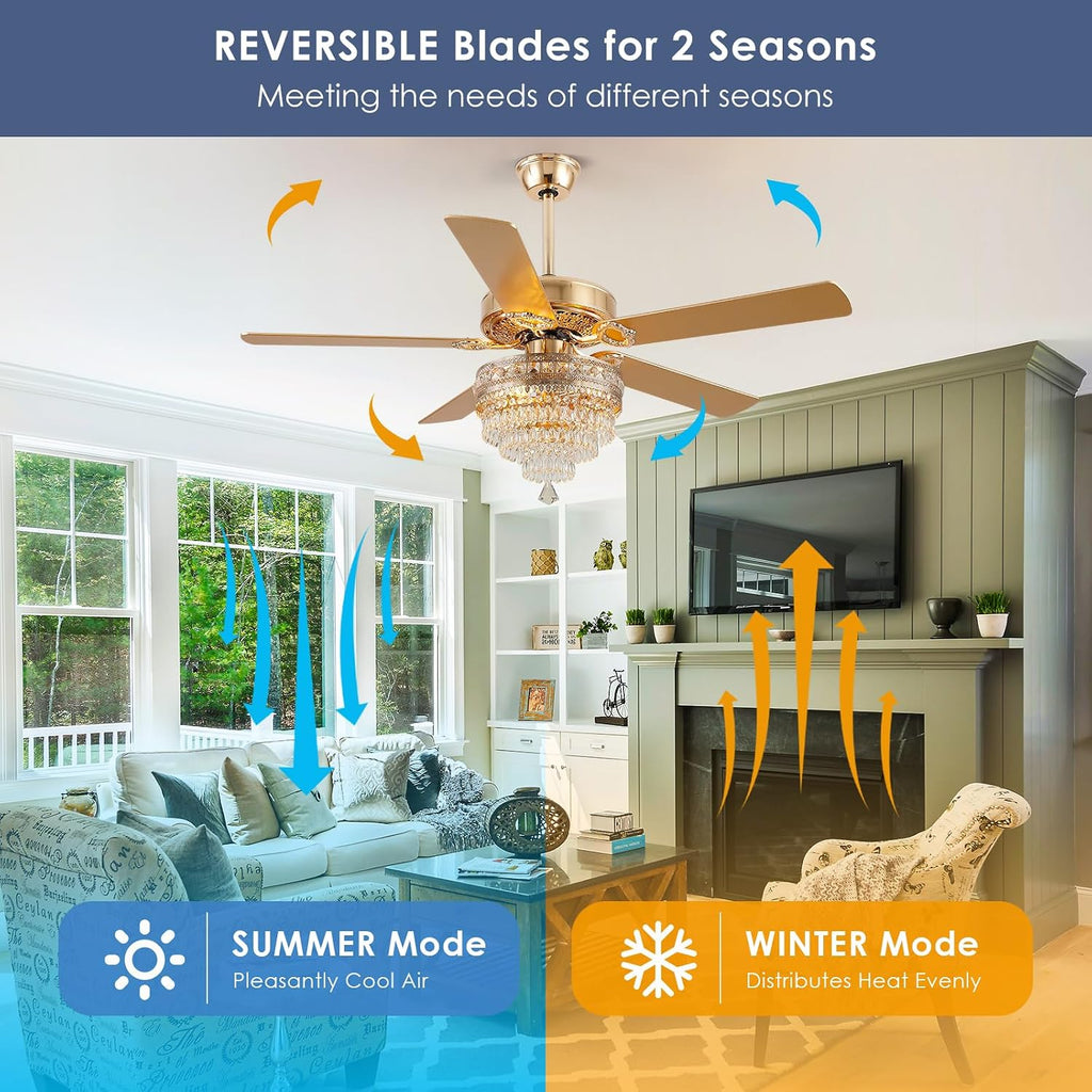 Asyko 52' Golden Crystal Ceiling Fan Fandelier with Lights - Modern Chandelier Fans with Remote Control，Noiseless DC Motor, Retro/Farmhouse Lighting, Dining Room,Living Room