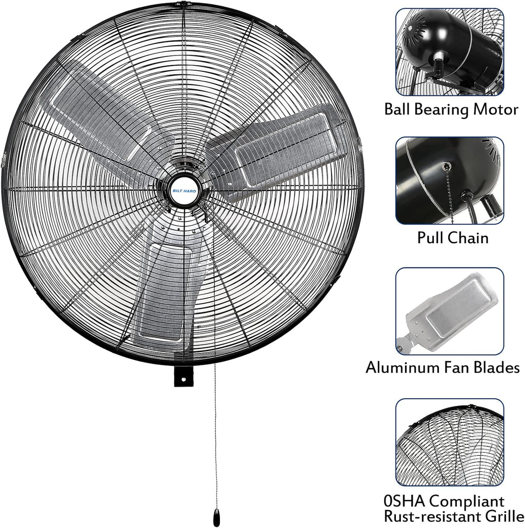 BILT HARD 9500 CFM 30 in. High Velocity Industrial Wall Fan, 3-Speed Wall Mount Oscillating Fan, Heavy Duty Air Circulator for Garage, Commercial, Warehouse, Factory, Workshops and Jobsites, 2 Pack