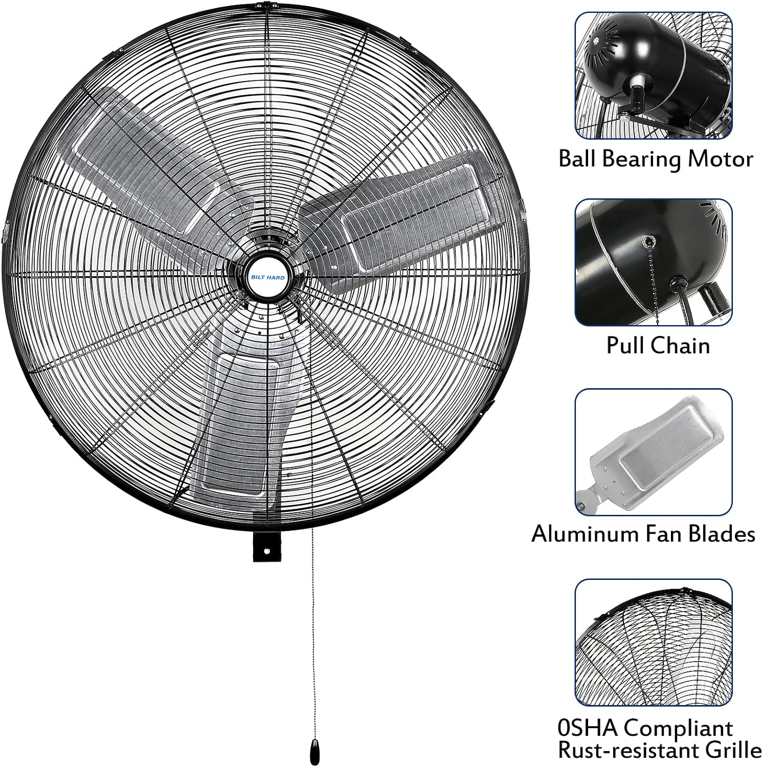 BILT HARD 9500 CFM 30 in. High Velocity Industrial Wall Fan, 3-Speed Wall Mount Oscillating Fan, Heavy Duty Air Circulator for Garage, Commercial, Warehouse, Factory, Workshops and Jobsites, 2 Pack