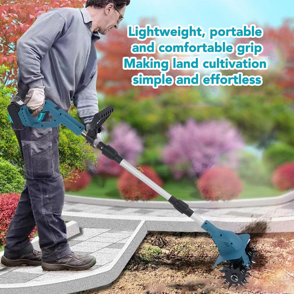 Asixxsix Cordless Tiller, 500W 330RPM Electric Tiller with 2 5000mAh Battery, 3 Sections Folding, Digital Display, 9' Width and 6.3' Depth, Rototiller Lawn, Gardening, Cultivation (US Plug)