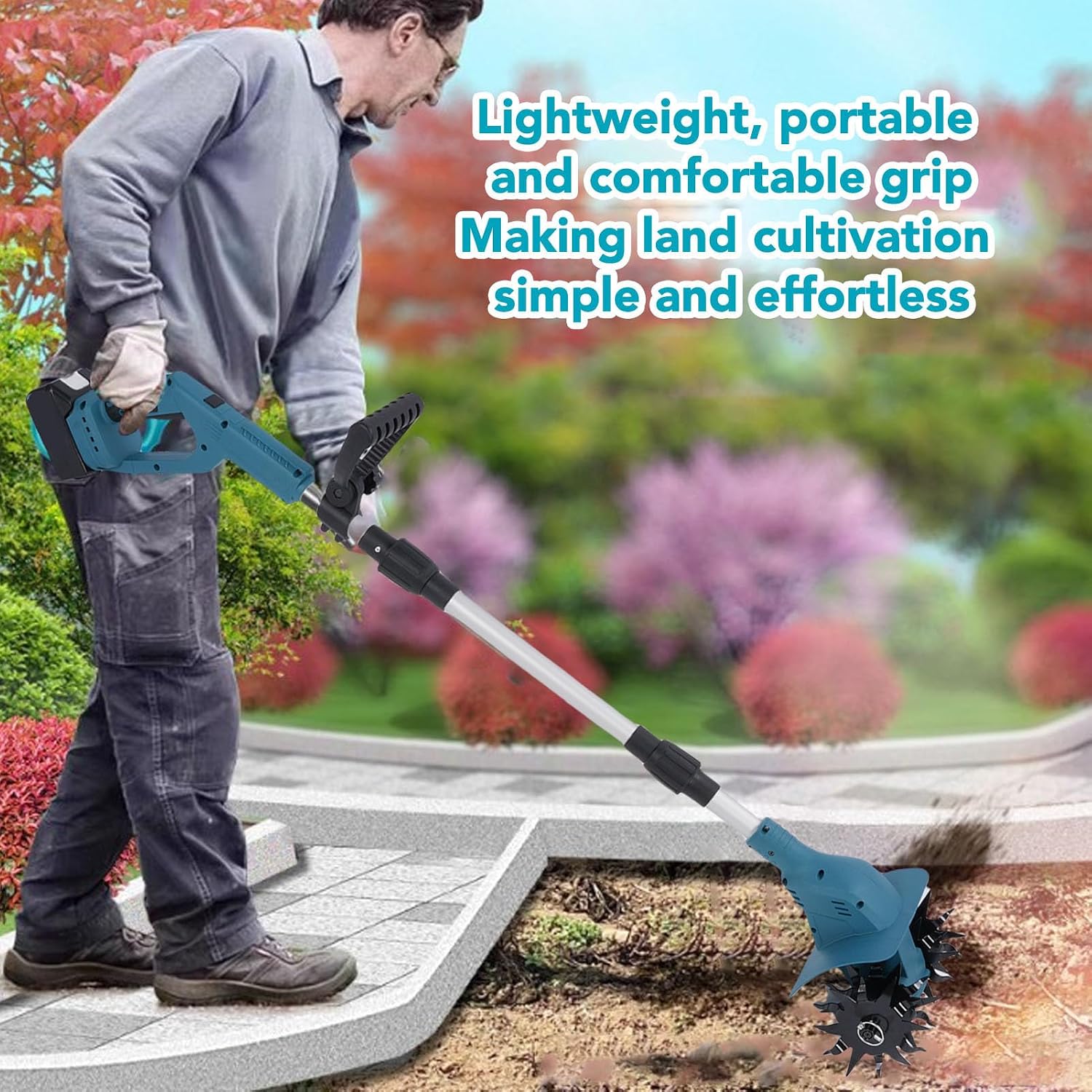 Asixxsix Cordless Tiller, 500W 330RPM Electric Tiller with 2 5000mAh Battery, 3 Sections Folding, Digital Display, 9' Width and 6.3' Depth, Rototiller Lawn, Gardening, Cultivation (US Plug)