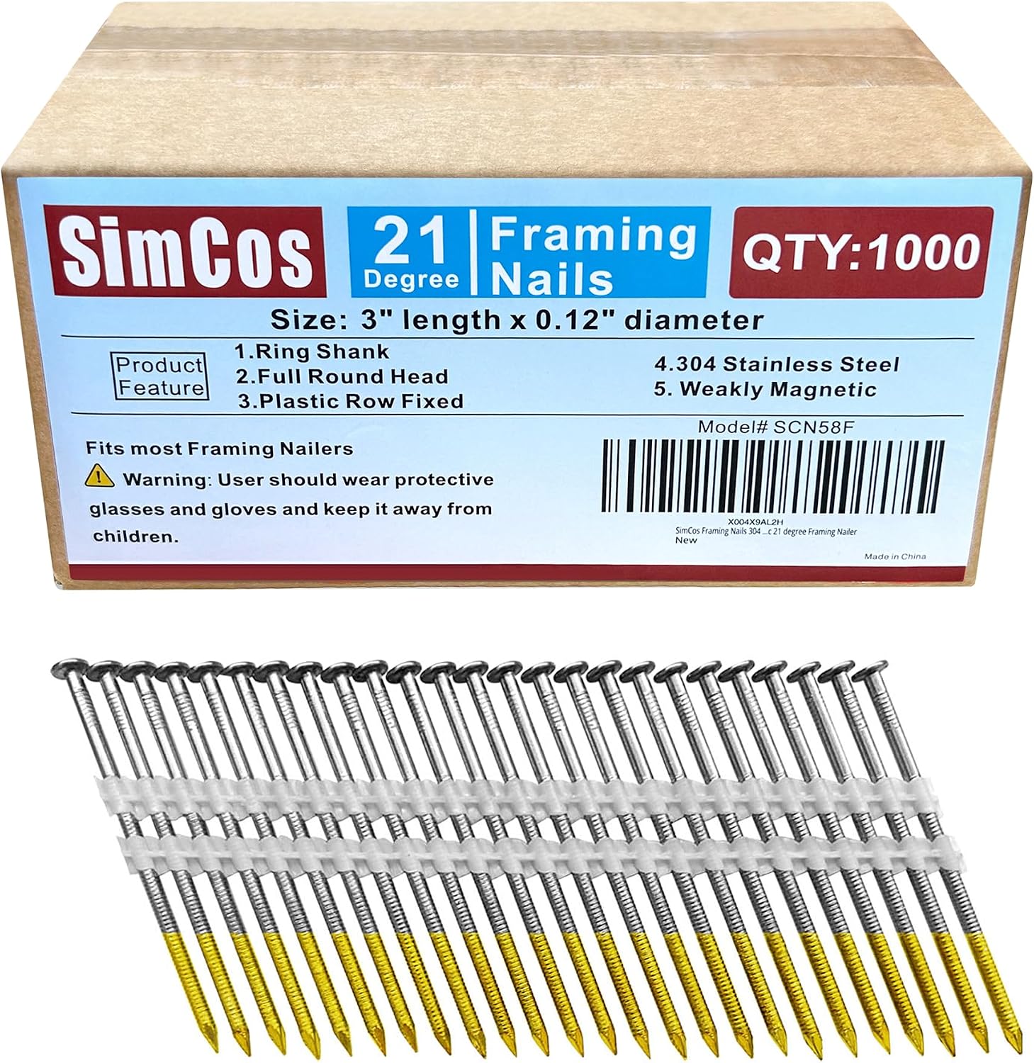 Framing Nails 304 Stainless Steel 21° Full Round Head Nail 21 Degree Ring Shank Nail for Pneumatic, Electric 21 degree Framing Nailer (3' -1000 pcs)