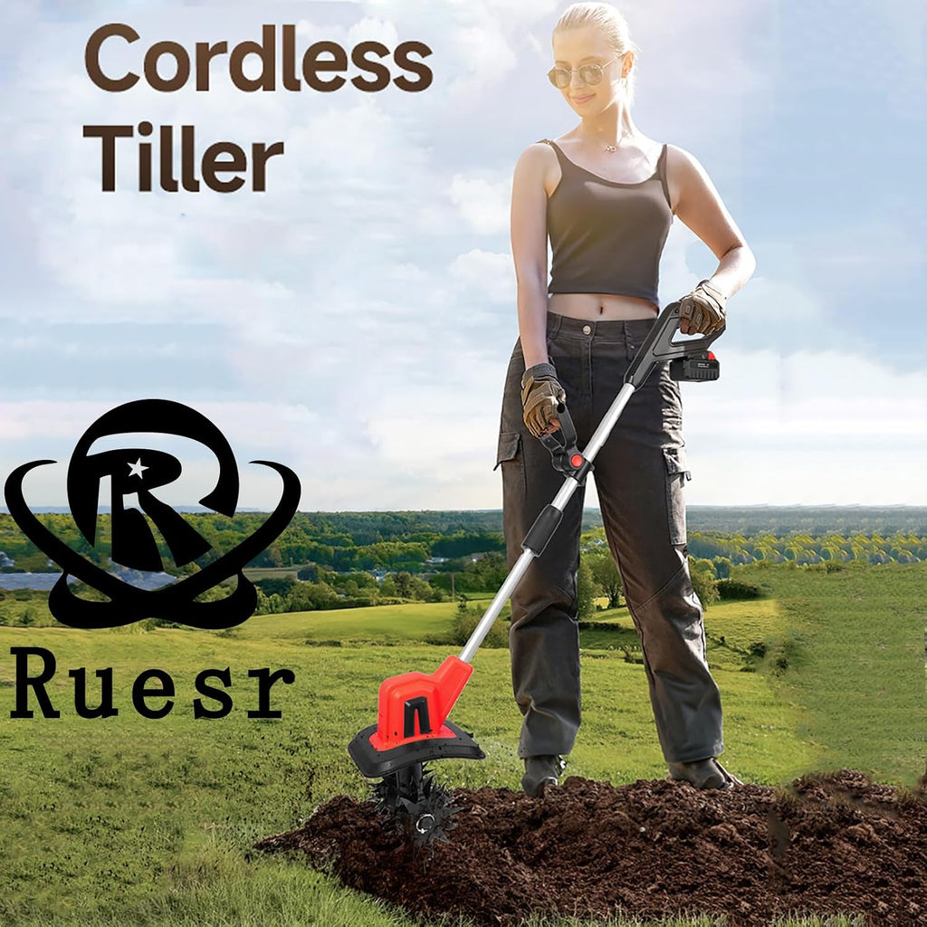 Ruesr Electric Cordless Garden Tiller, 50-inch Cultivator 20v Electric Garden Tiller Battery Powered Total 4000mAh 4-in-1 Soil Tiller for Trenching, Weeding, Loosening, Plowing