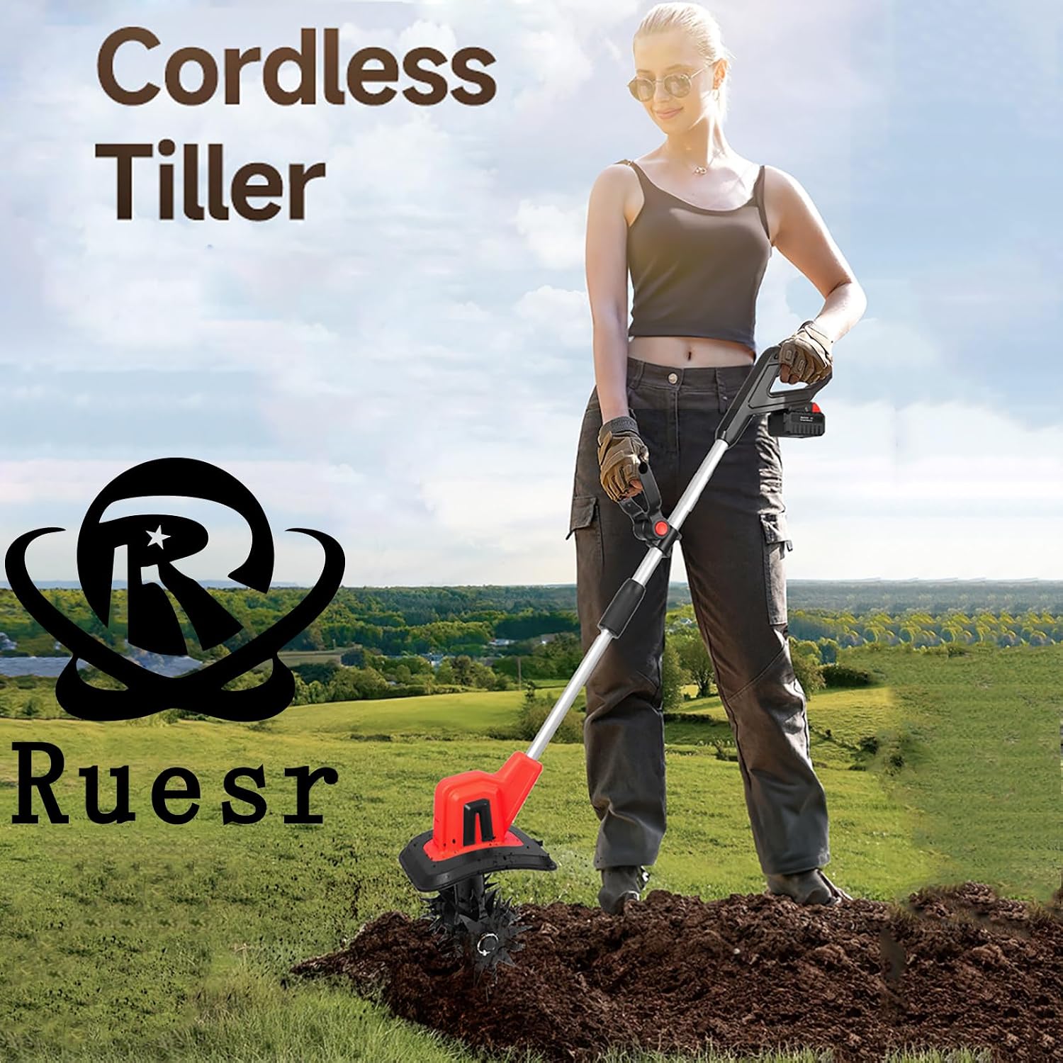 Ruesr Electric Cordless Garden Tiller, 50-inch Cultivator 20v Electric Garden Tiller Battery Powered Total 4000mAh 4-in-1 Soil Tiller for Trenching, Weeding, Loosening, Plowing