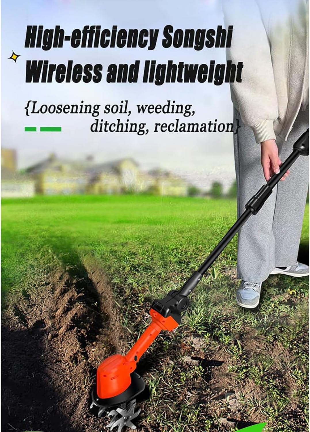 2 in 1 Cordless Tiller Cultivator,Electric Mini Digging Hoe,High Hardness Manganese Steel Blade, Sharp Teeth, Safety Double Switch, Convenient to Operate with One Hand, for Lawn Gardening