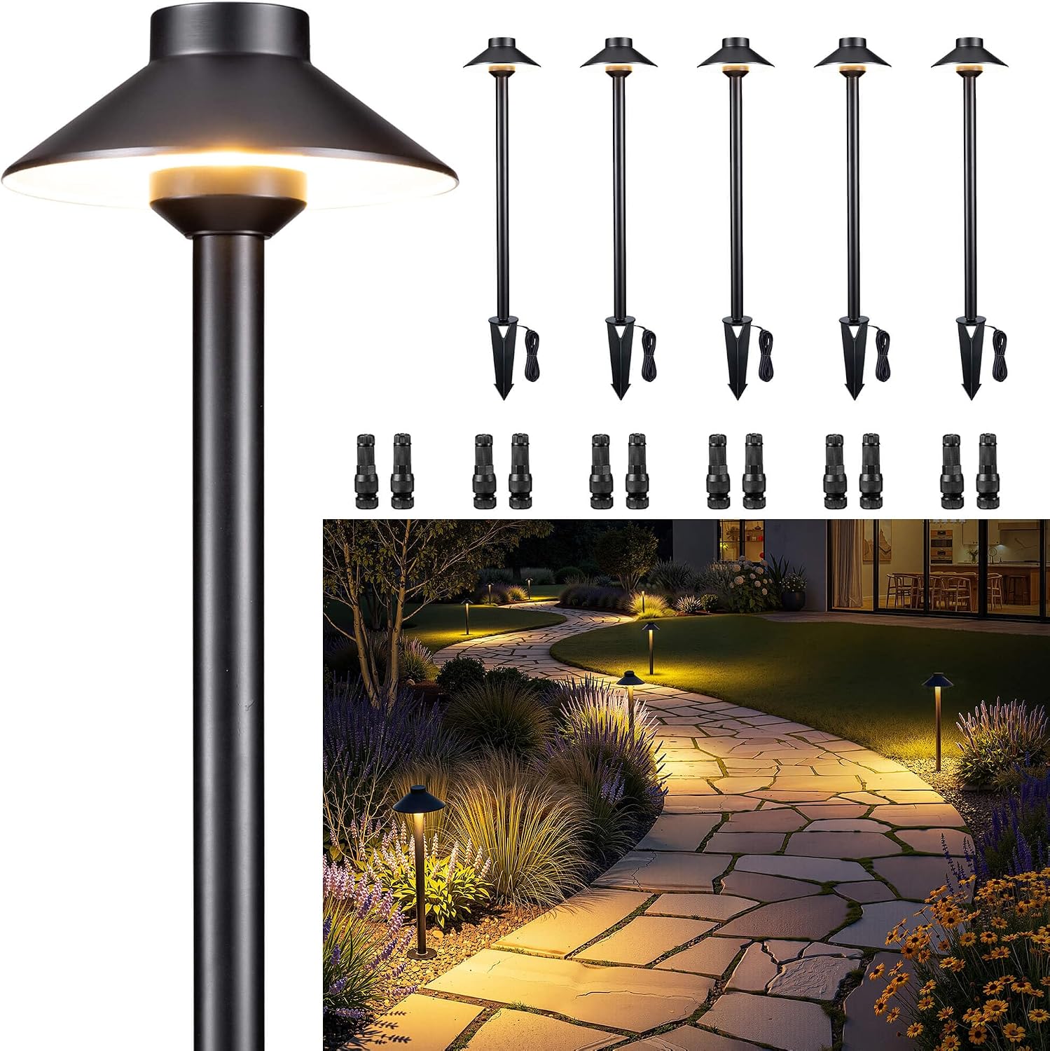 Gardenreet Brass Low Voltage Pathway Lights - 12V LED Landscape Path Lighting, Walkway Light Waterproof IP65, Hat Shaped Wired ‎Classic Black for Outdoor Entrance Garden G4 Bulb Not Included (6 Pack)