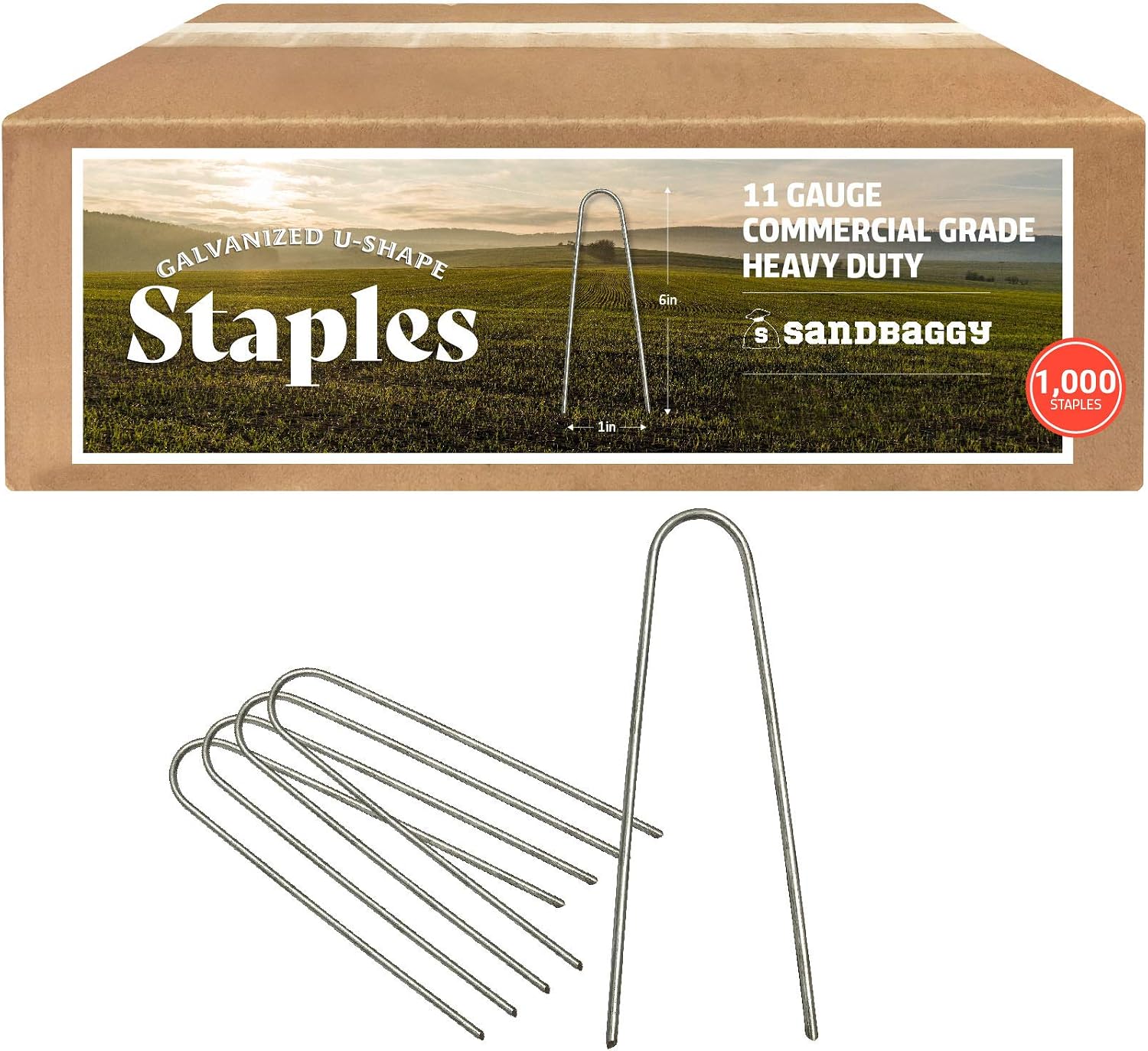Sandbaggy Galvanized 6 Inch Round Top Landscape Staples ~ SOD Garden Stakes for Drip Irrigation Tubing & PVC Piping - Trusted by Farmers & Contractors Across USA (1,000 Staples)