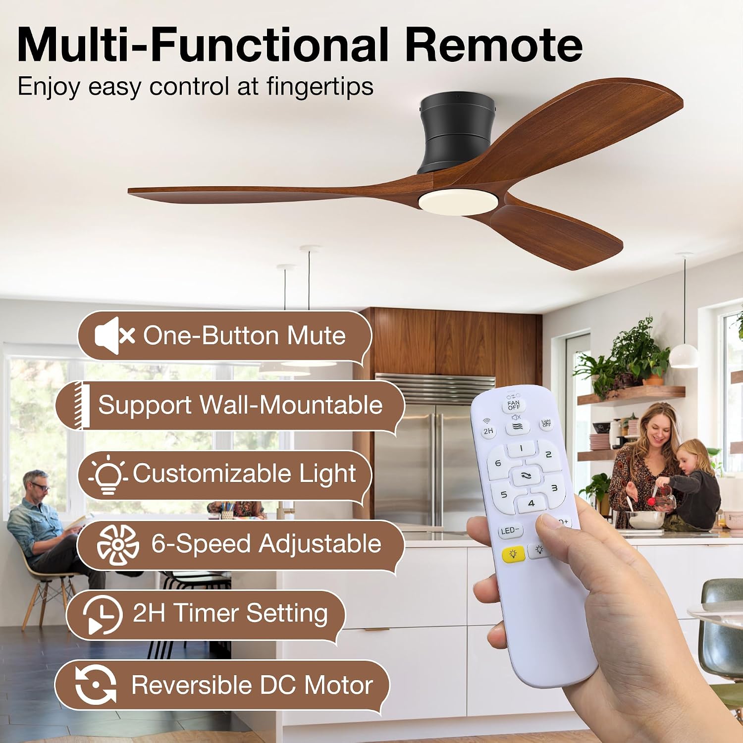 52 Inch Wood Ceiling Fans with Lights Remote,Low Profile Flush Mount Ceiling Fan with Light,Outdoor Indoor Modern Hugger Ceiling fan for Patio Bedroom,Walnut Brown& Black,3 Blades,6 Speeds,Ultra-Quiet
