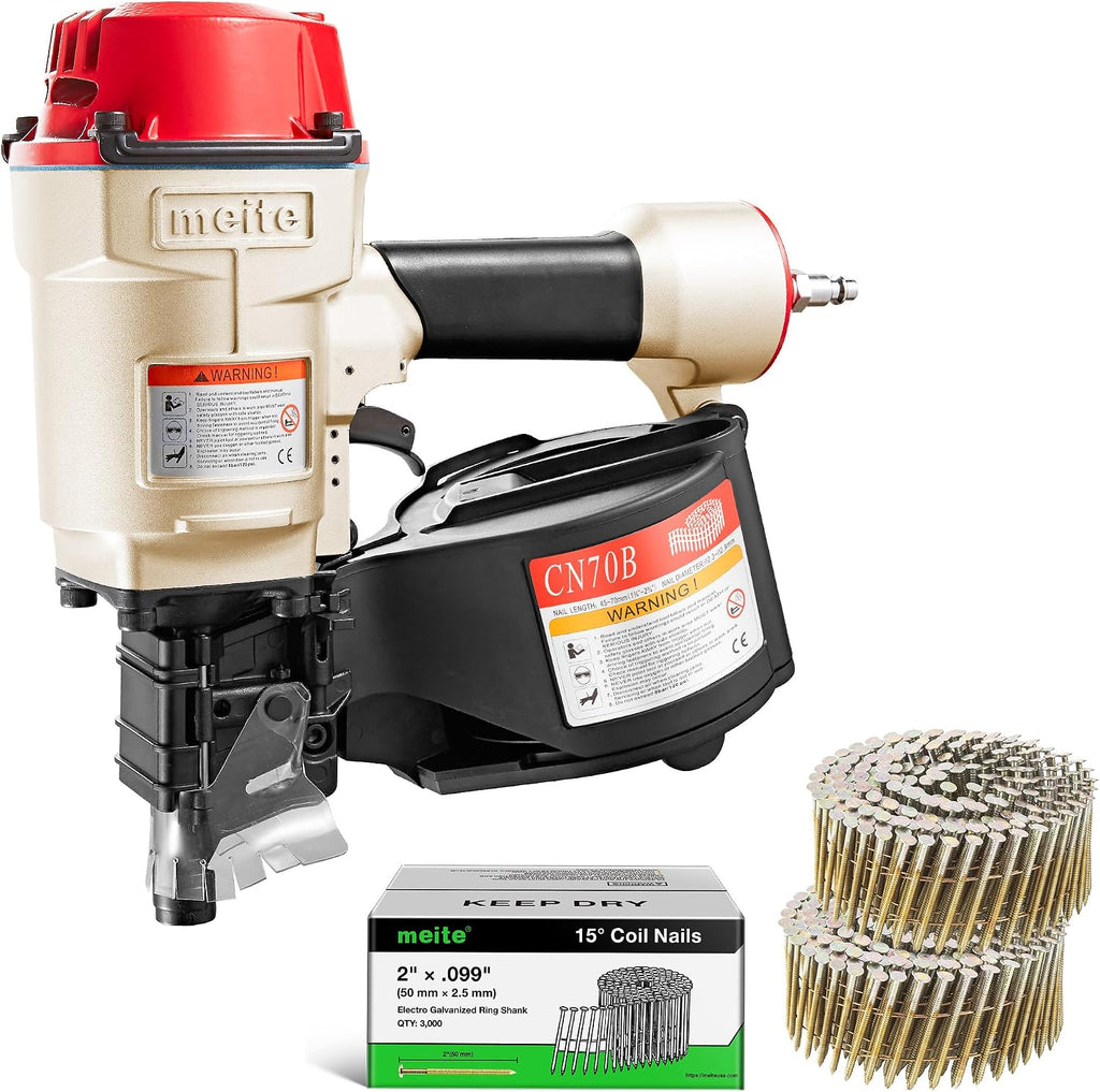 meite CN70B Pneumatic Coil Nailer with 15 Degree Siding Nails 2' × .099'' - Air Coil Nail Gun with 400PCS Magazine, 360° Adjustable Exhaust for Framing Sheathing Pallets Hardwood Projects