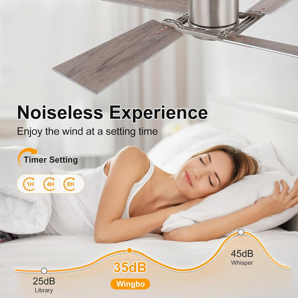 WINGBO 48 Inch Flush Mount Ceiling Fan without Light - 4 Plywood Blades, 6-Speed Reversible DC Motor, Noiseless Low Profile Ceiling Fan No Light for Bedroom Living Room, Nickel and Silver/Gray