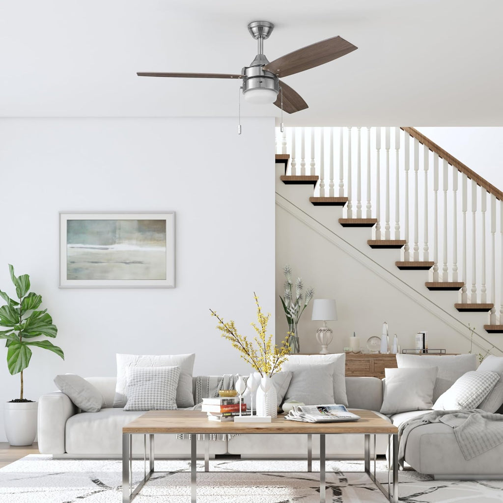 Honeywell Ceiling Fans Berryhill, 48 Inch Ceiling Fan with Color Changing LED Light, Pull Chain, Dual Mounting Options, 3 Dual Finish Blades, Reversible Airflow - 51857-01 (Brushed Nickel)