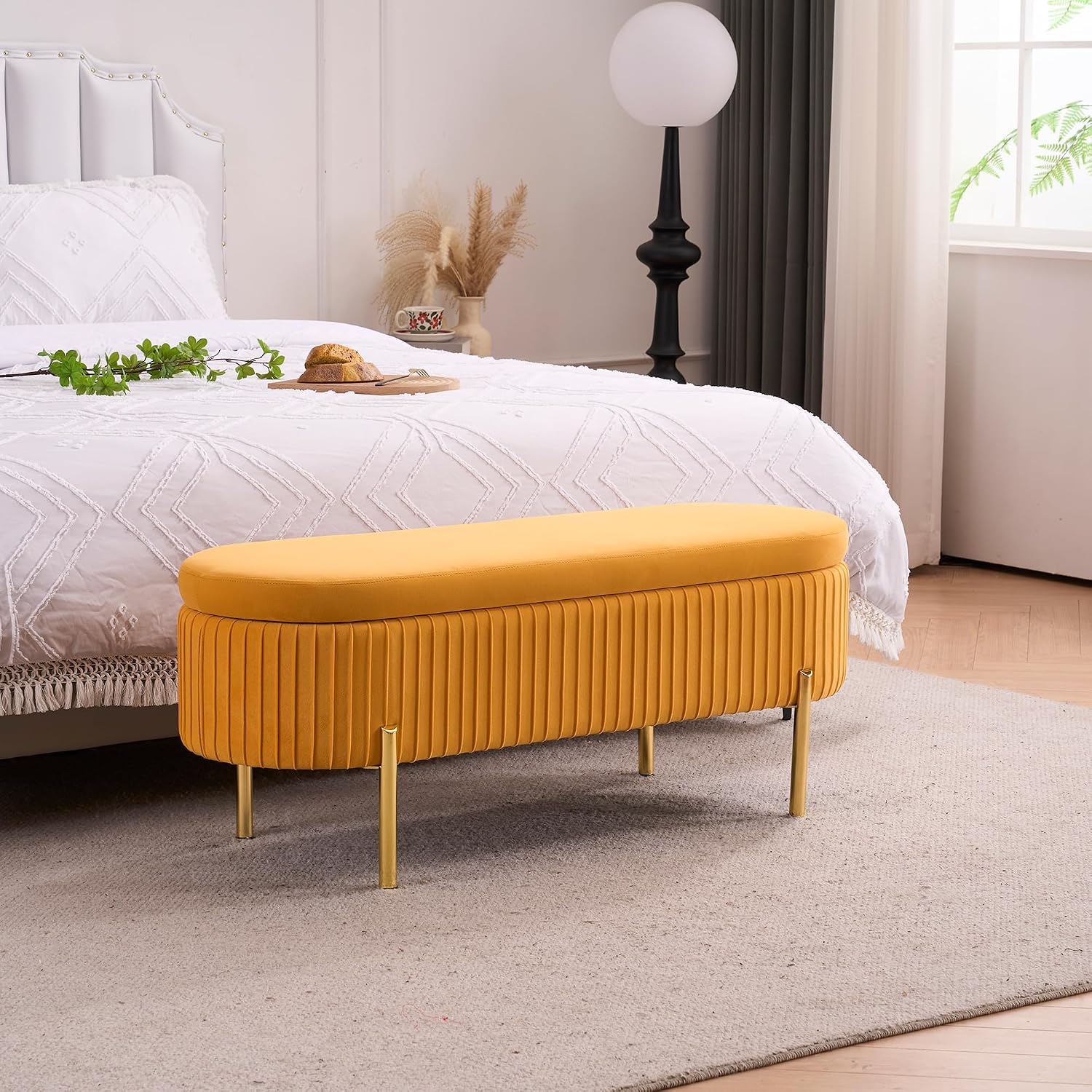 Velvet Storage Bench for Bedroom Upholstered End of Bed Bench Modern Ottoman with Gold Legs for Living Room/WindowEntryway (Mustard Yellow, Oval-45.5' W)