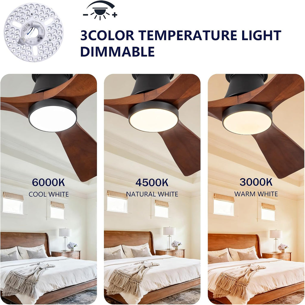 42 Inch Black Flush Mount Ceiling Fan with Light: Dimmable LED (3 Colors), Indoor,Outdoor Reversible DC Motor, 3 Solid Wood Blades for Bedroom, Patio.