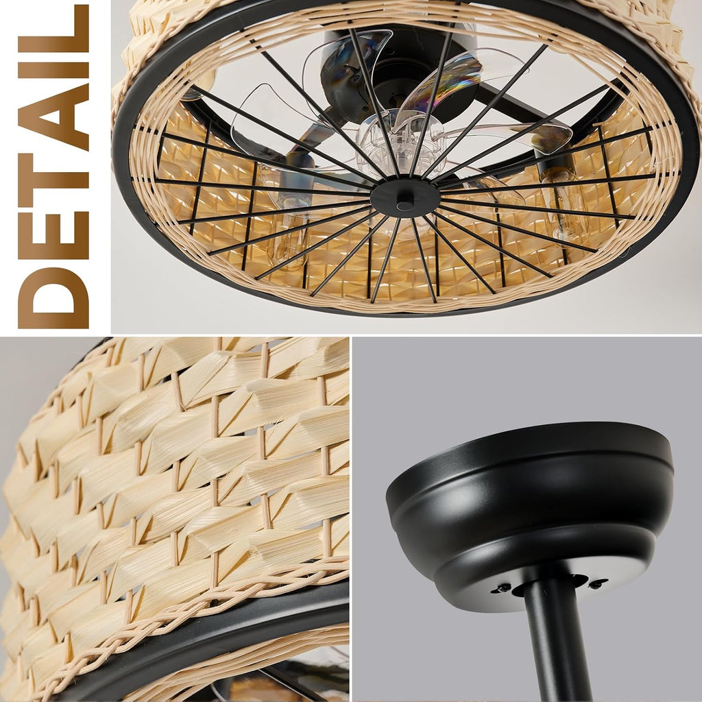 19.7in Boho Ceiling Fan with Lights Bamboo Caged Fan Lighting Rattan Fandelier Wicker Ceiling Light with Fans for Bedroom Kitchen Island Nursery Dining Living Room, Remote 6 Speeds E26 Base