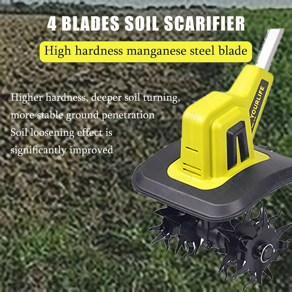 Electric Tiller, Cordless Electric Garden Rotavator - 25cm Working Width, 22cm Working Depth, 20V Soil Cultivator - Tiller with Safety Switch BackpackBattery