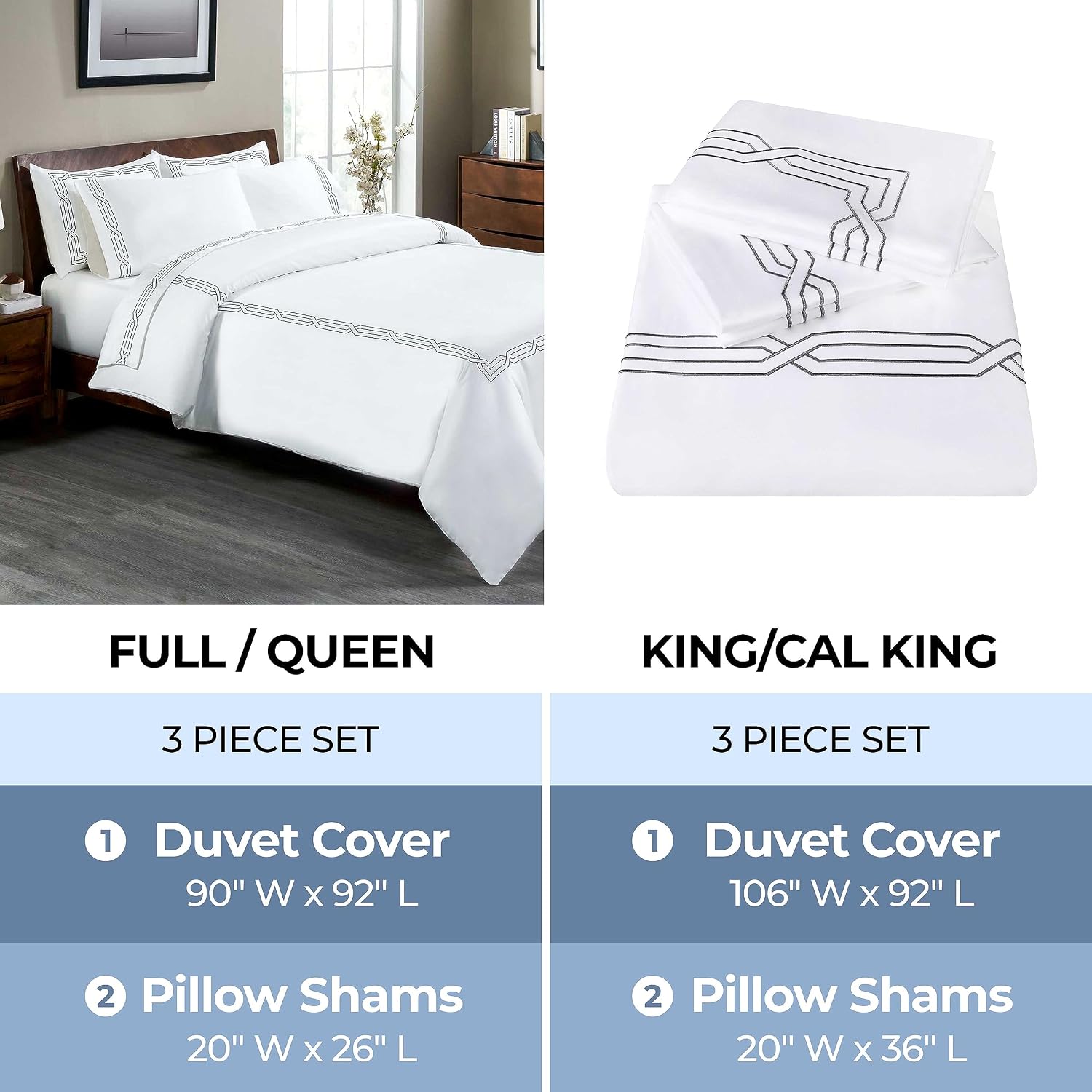 Superior Egyptian Cotton 1200 Thread Count Embroidered 3-Piece Duvet Cover Set, 1 Duvet Cover, 2 Pillow Shams, Bedding Essentials Decor, Soft Comforter Cover, Full/Queen, White/Charcoal