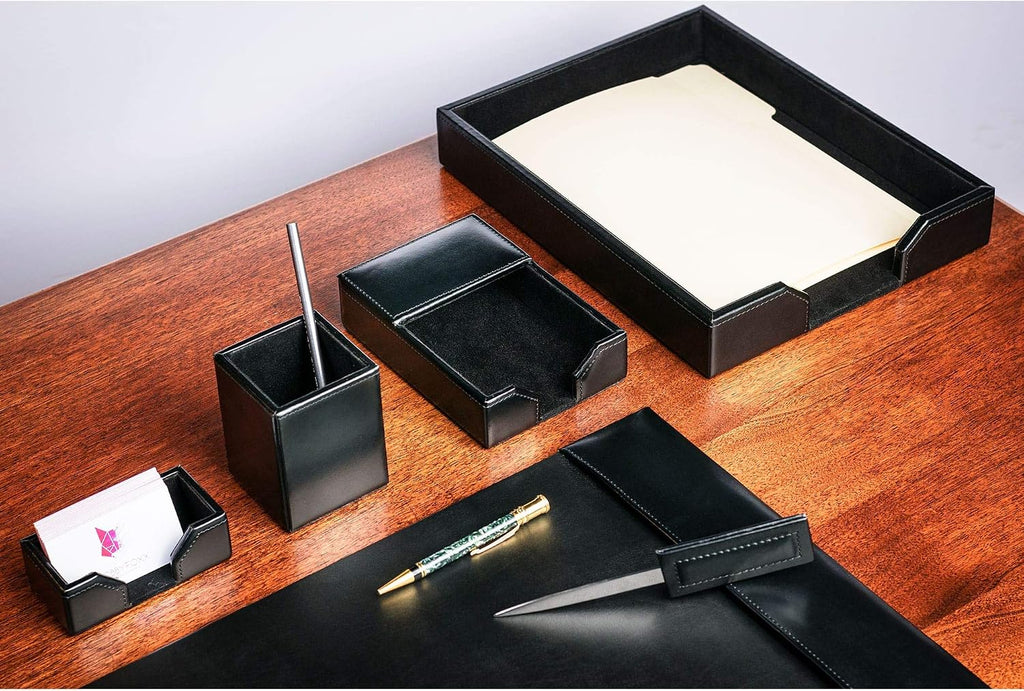DACASSO Bonded Leather Desk Set - Luxury Leather Desk Pad & Desk Organization Essentials (Black, 6 Piece)