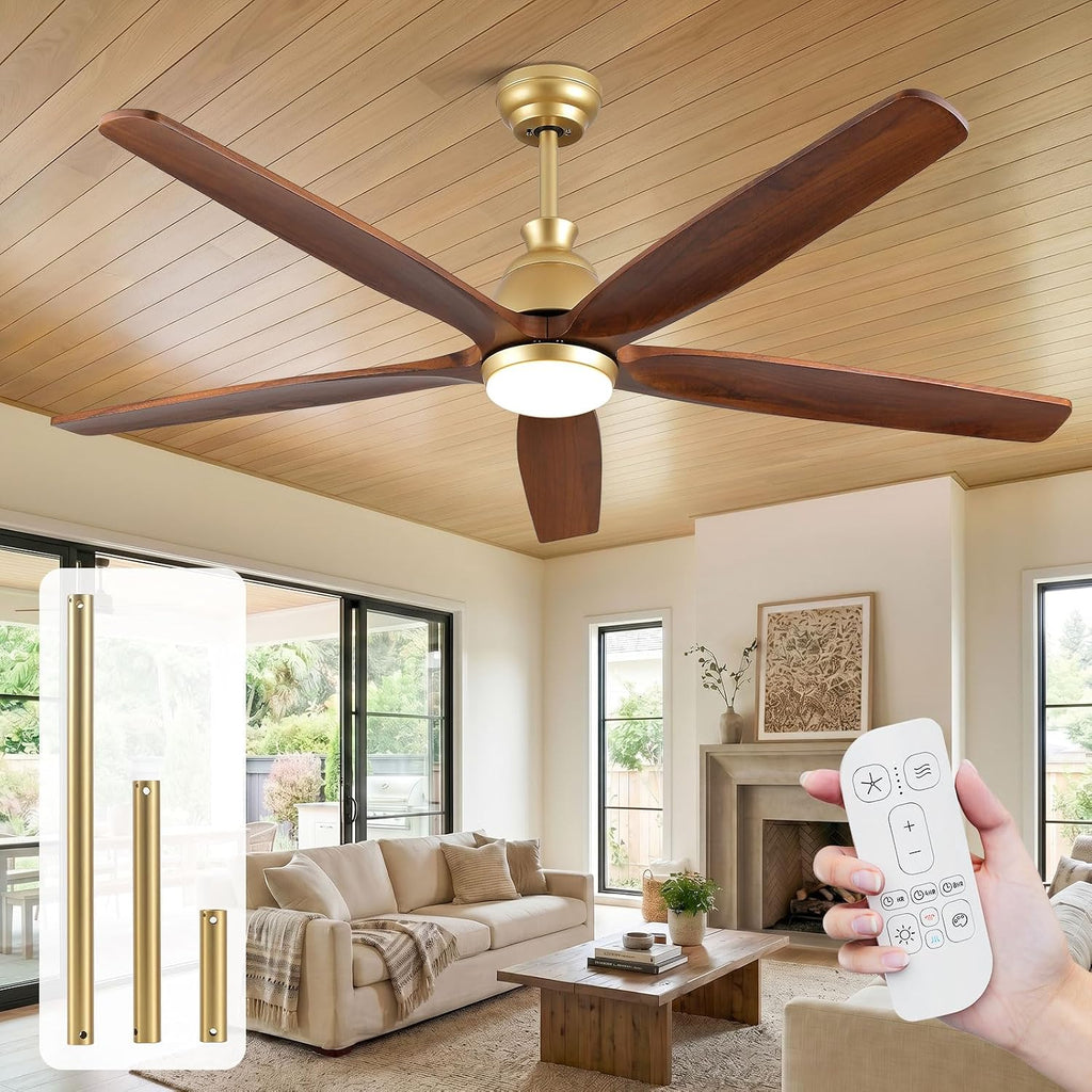 60 Inch Outdoor Ceiling Fan with Lights, Gold Brass Finish, 5 Solid Walnut Wood Blades, High CFM Quiet DC Motor, Modern Farmhouse Ceiling Fans, DampRated for Covered Patio Porch Gazebo Indoor Exterior