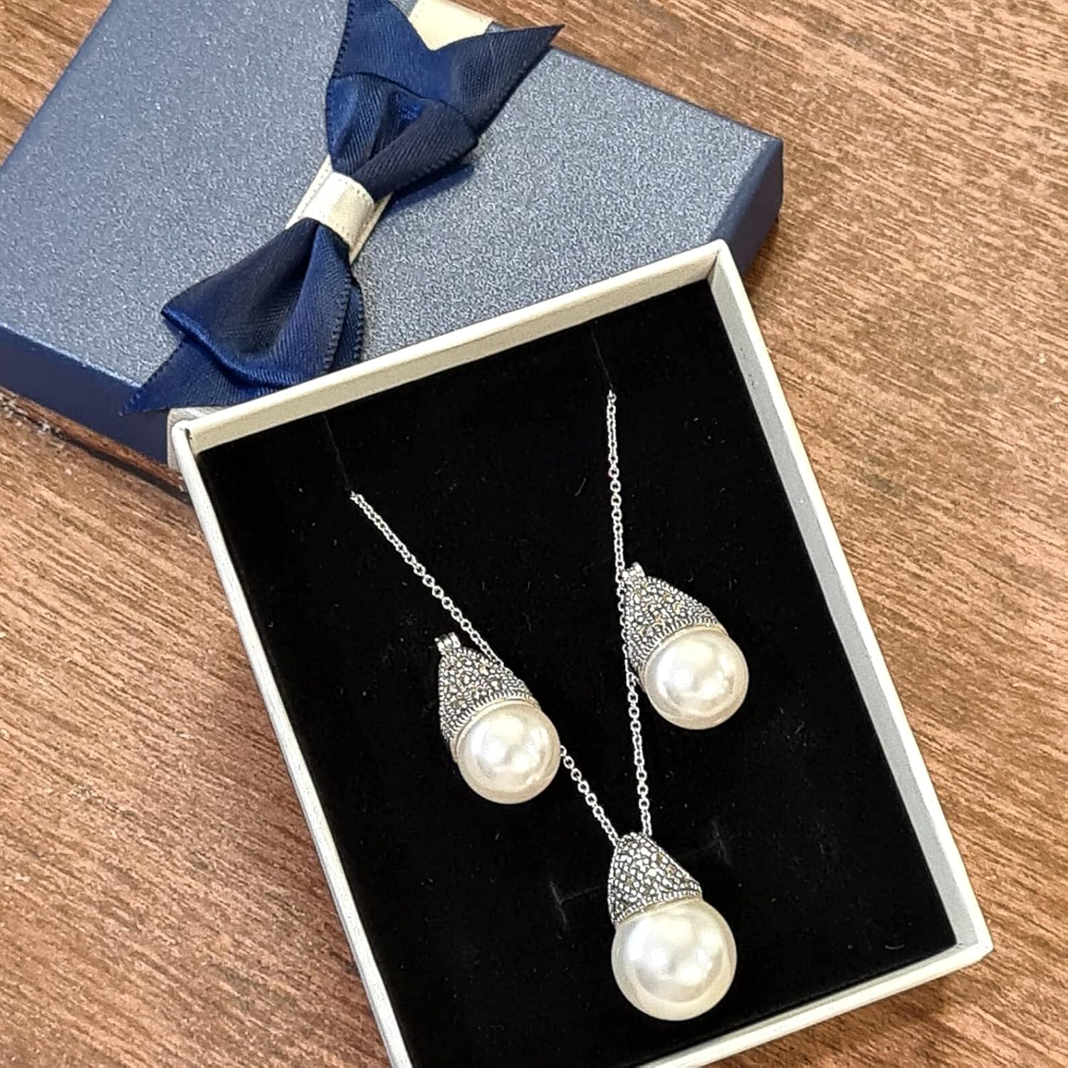 925 Sterling Silver Marcasite with Pearl 14mm Pendant, Earrings Set, Sterling Silver Chain Necklace Jewelry Set